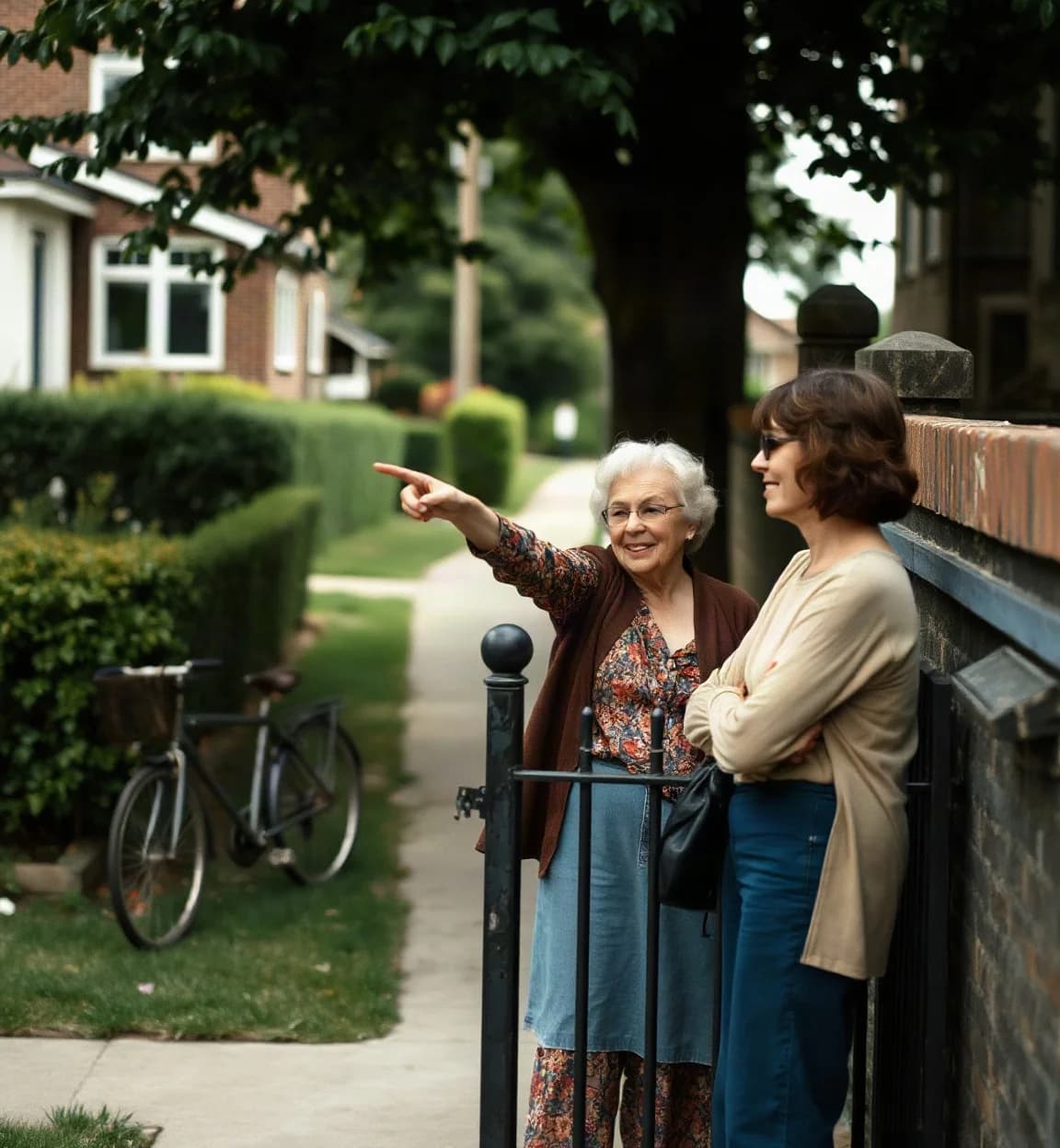 Two neighbors talking at the gate, one of them pointing the way to a place