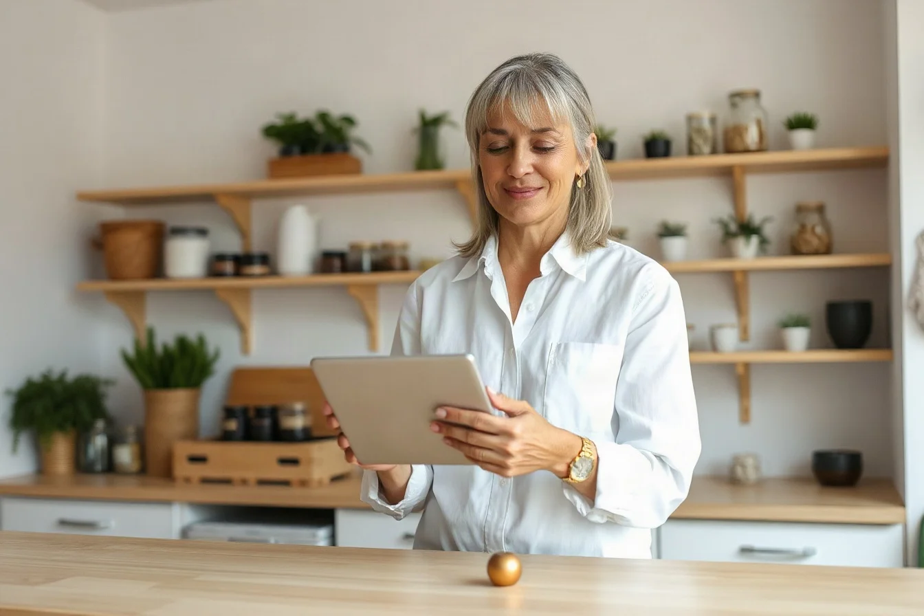 Owner of a small shop alone behind the counter, using a tablet
