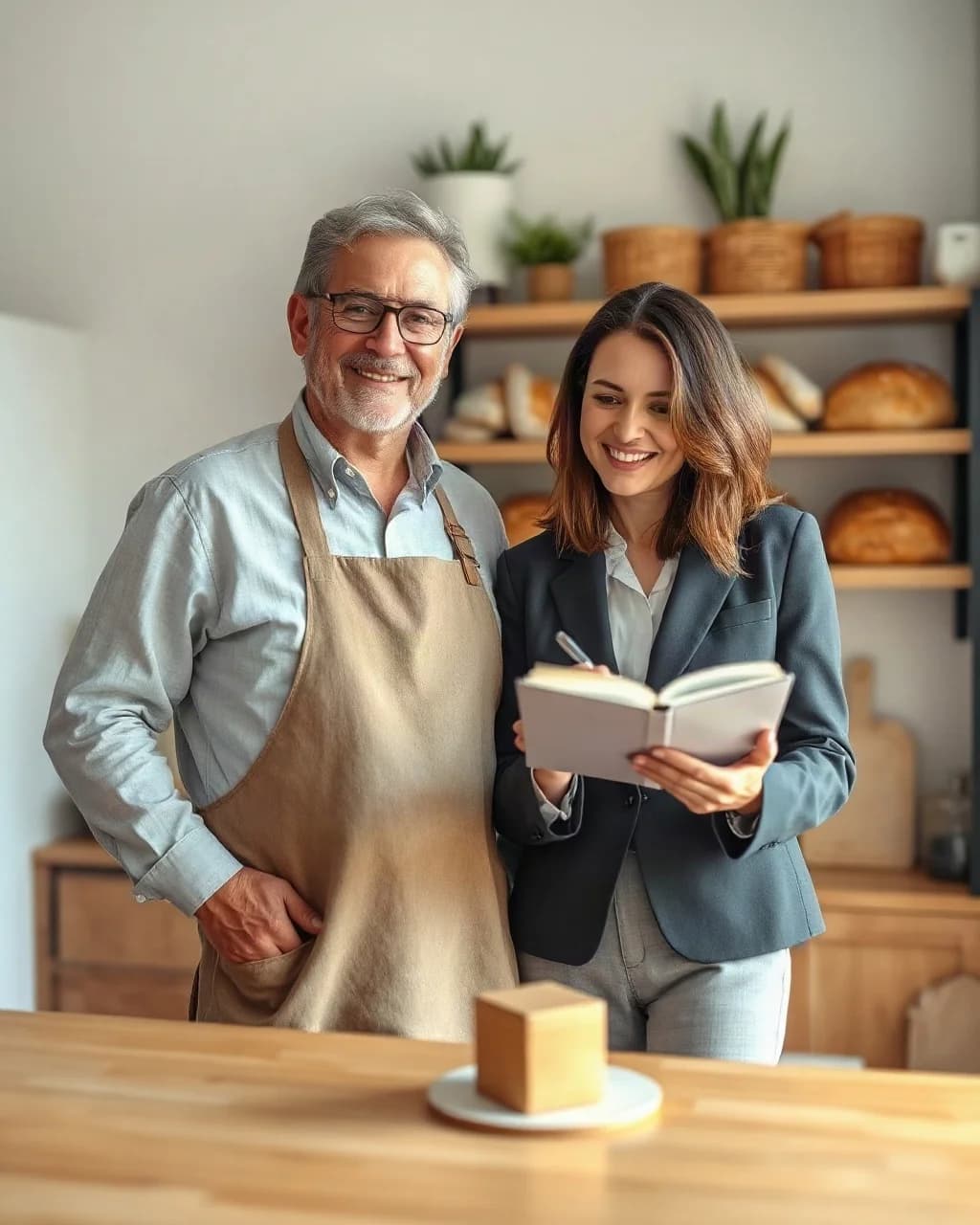 A bakery owner in an apron next to a consultant taking notes in a notebook