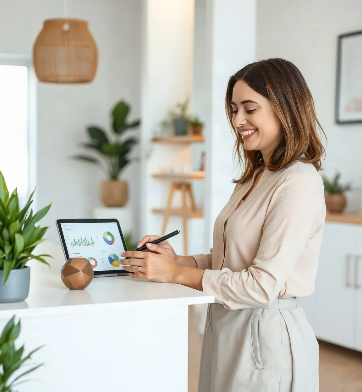 A business owner smiling while reviewing results on a tablet with charts
