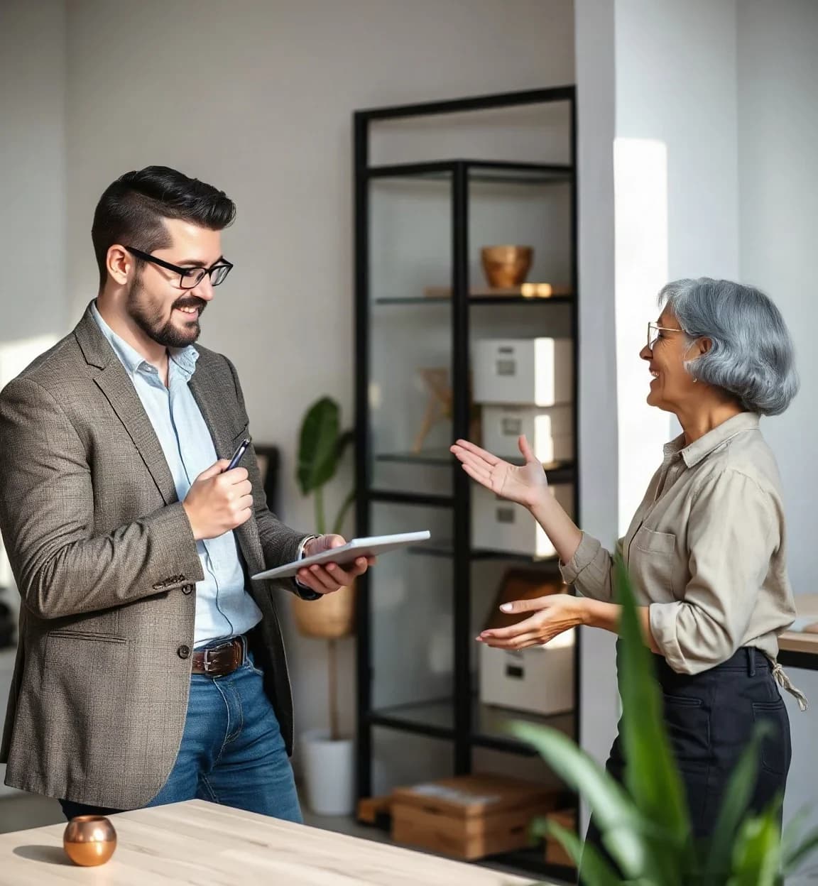 A consultant visiting an entrepreneur's studio and listening to her explain her business