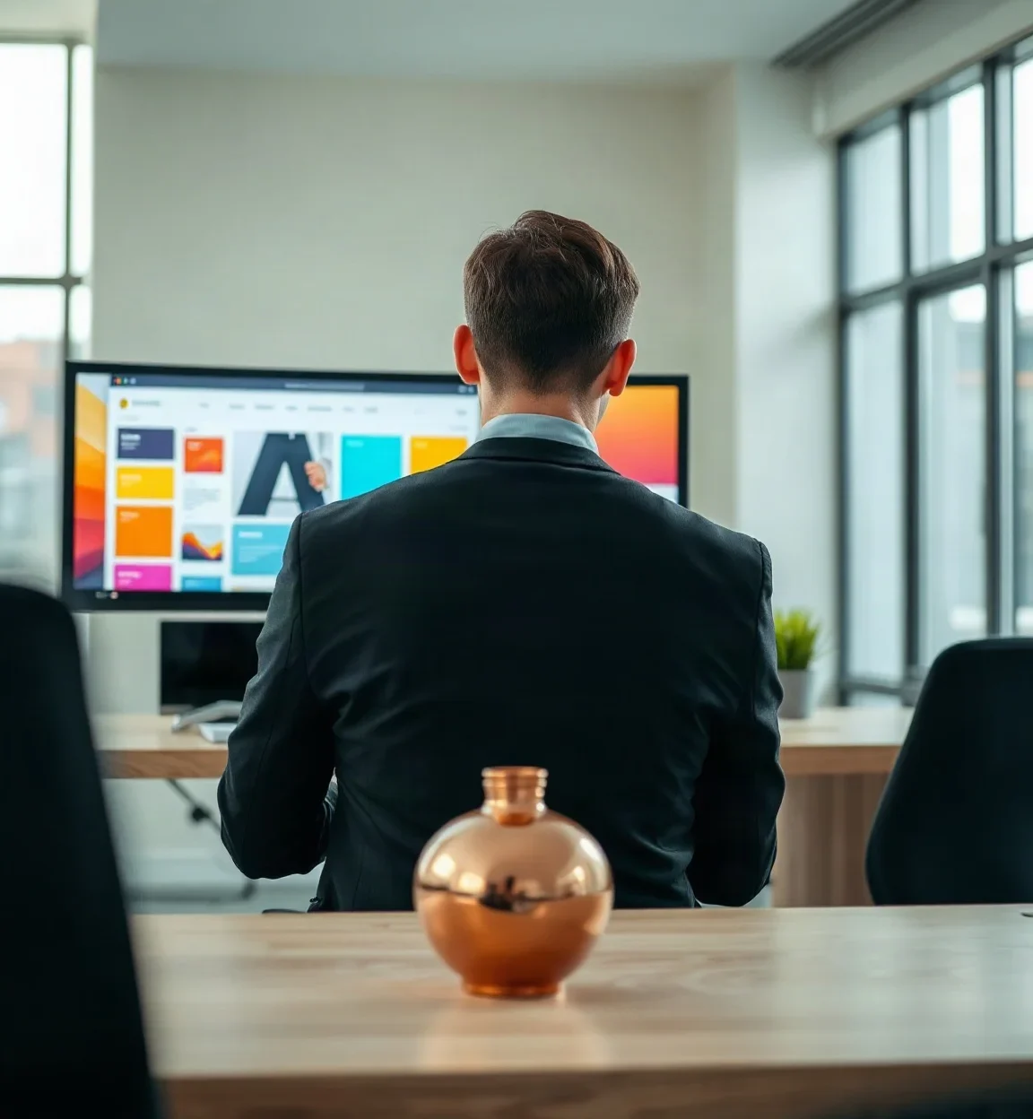 A designer in front of a monitor showing the colorful layout of a website under construction