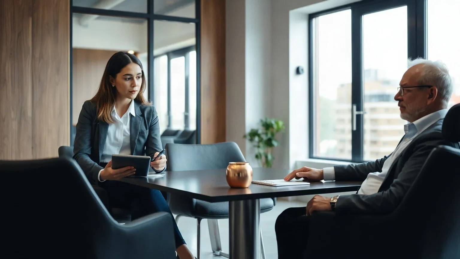 A consultant with a tablet listening to a more experienced business owner in a meeting room