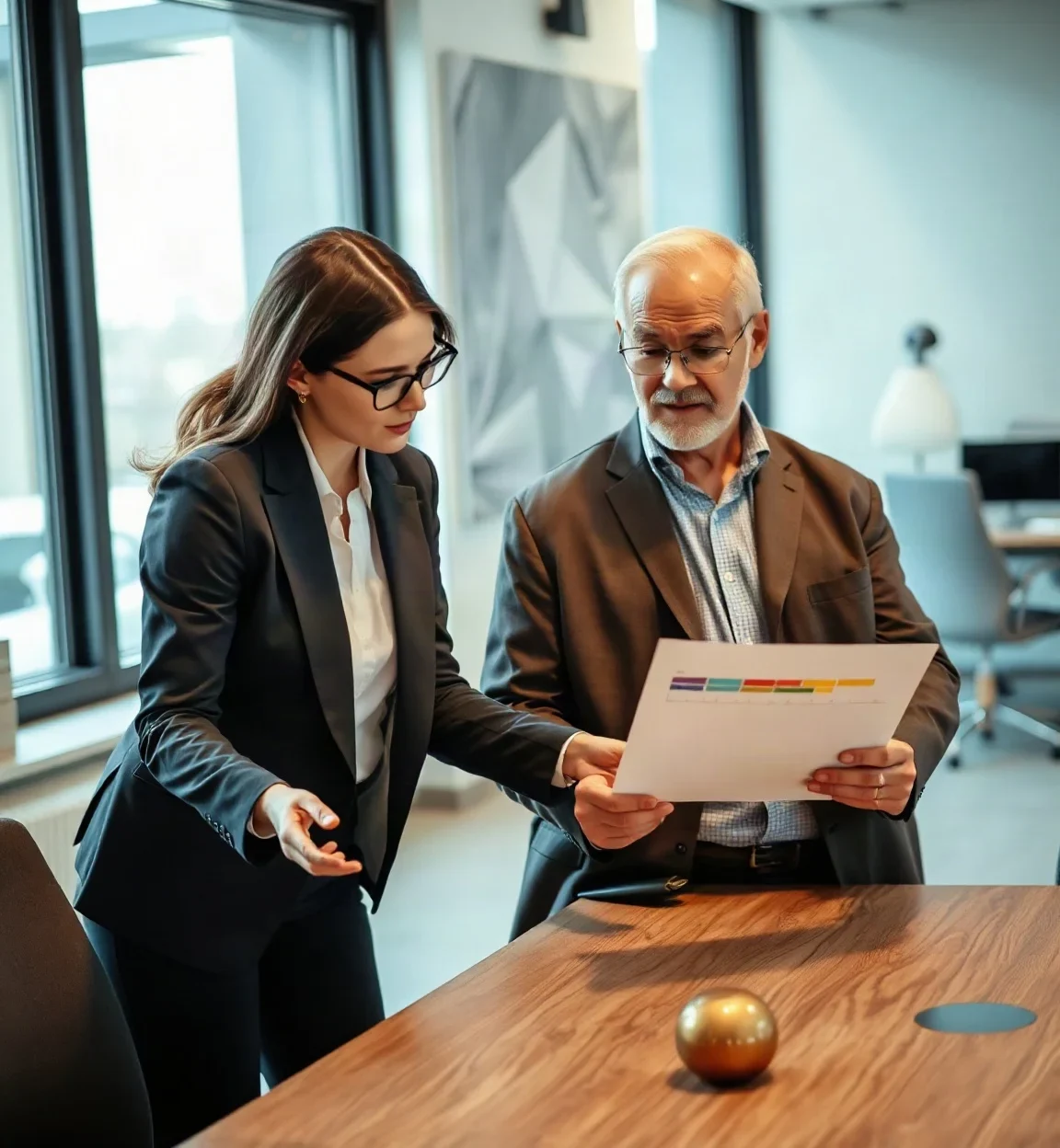 A consultant presenting a work proposal with stages and timelines to a business owner