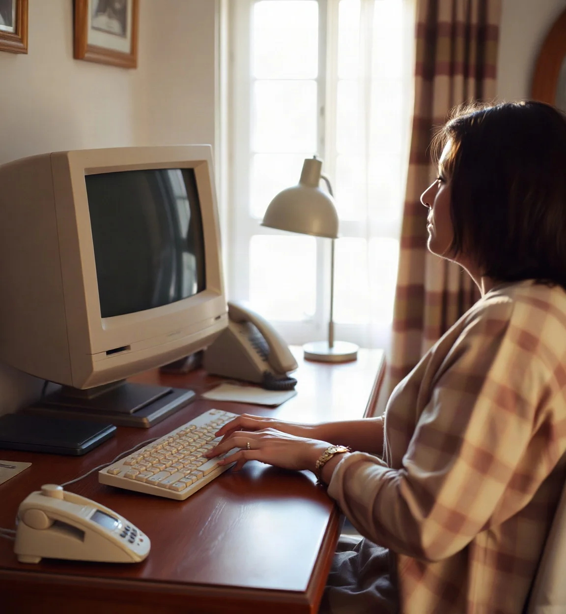 Femme tapant sur un ancien ordinateur de bureau, chez elle