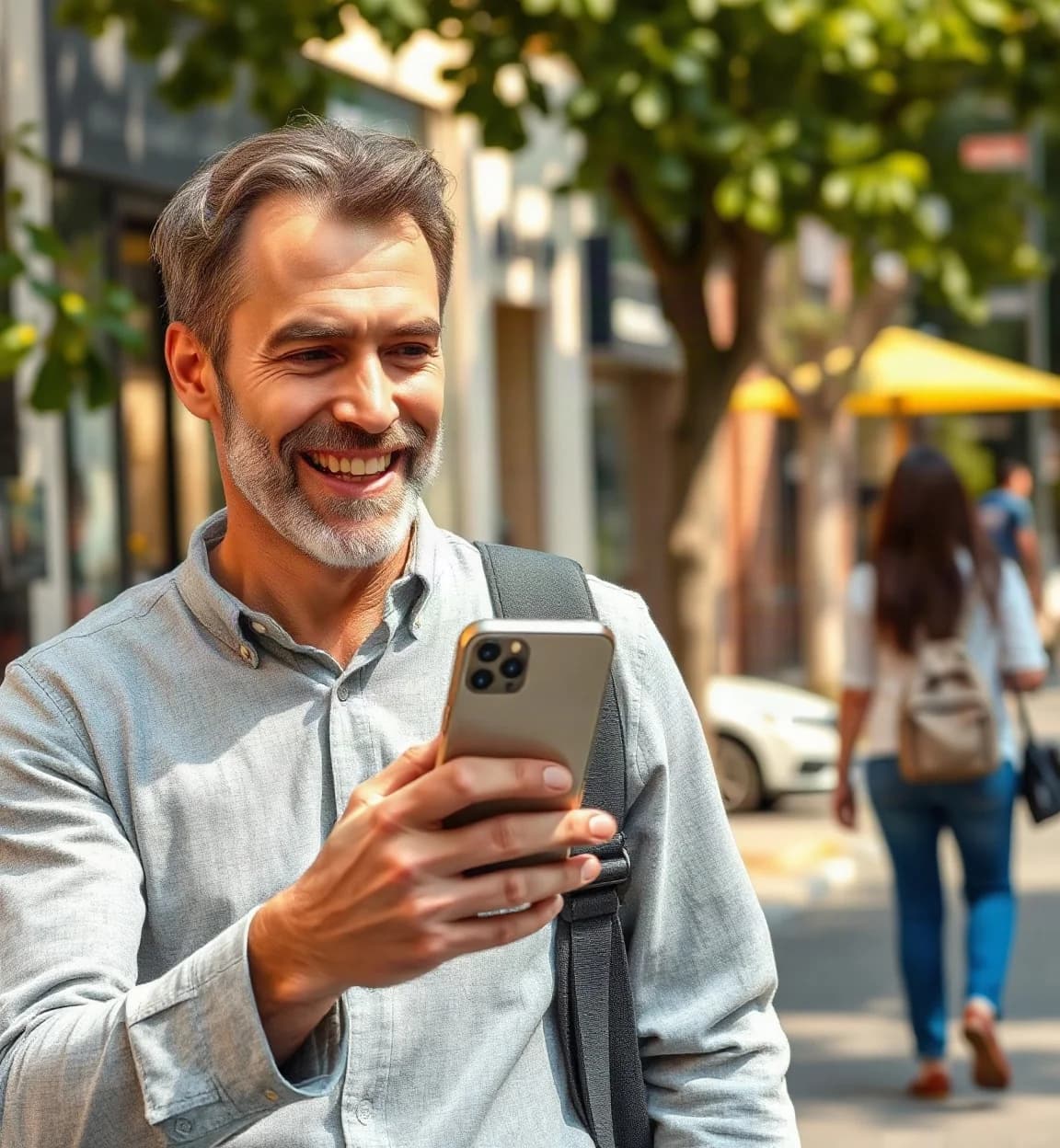 Homme souriant dans la rue en posant une question à son téléphone