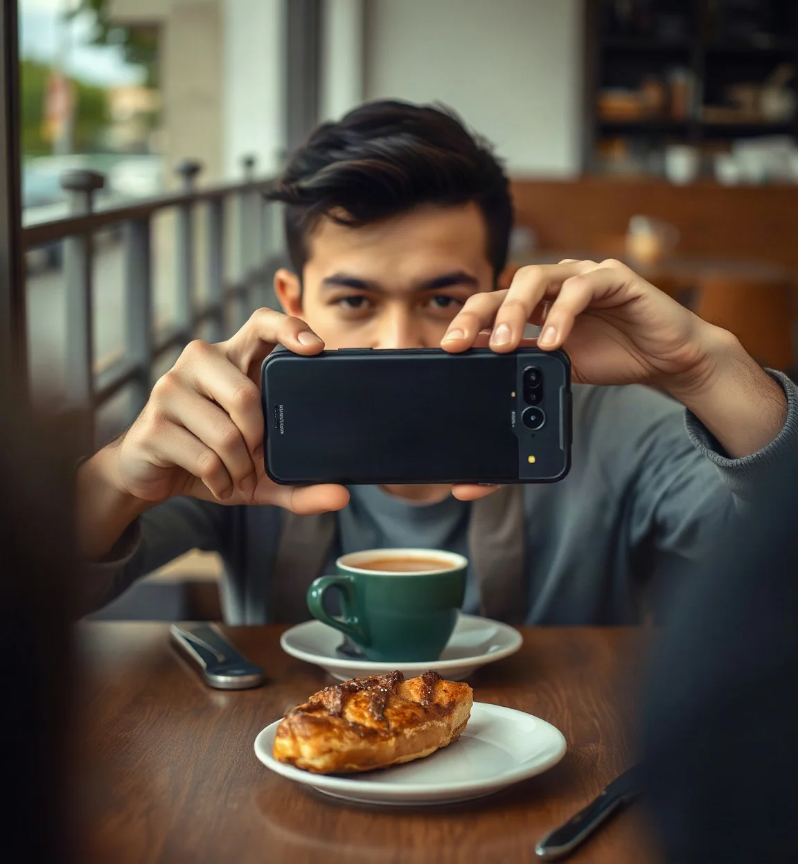 Jeune homme photographiant son café et sa pâtisserie avec son téléphone pour les publier sur les réseaux sociaux