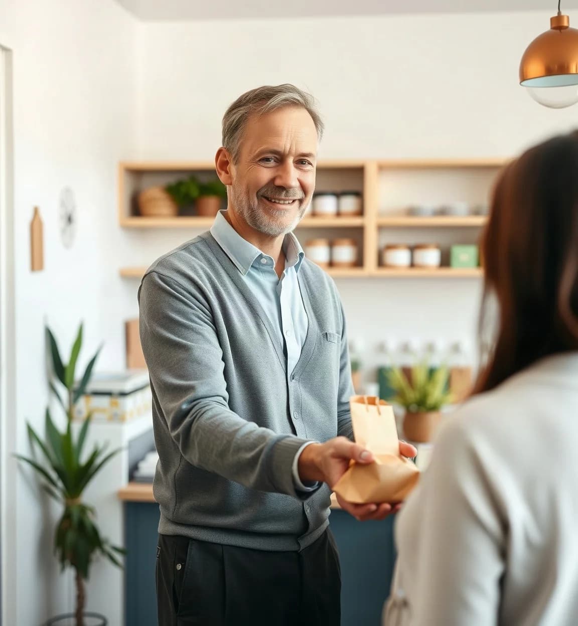 Gérant d'une petite boutique remettant un sac à une cliente au comptoir