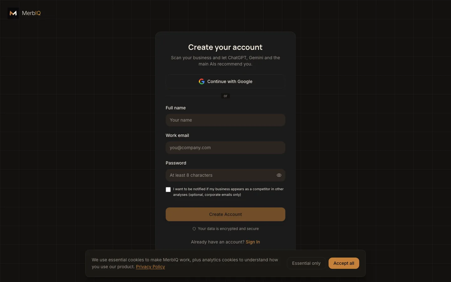 Real create account screen on MerbIQ, in your language