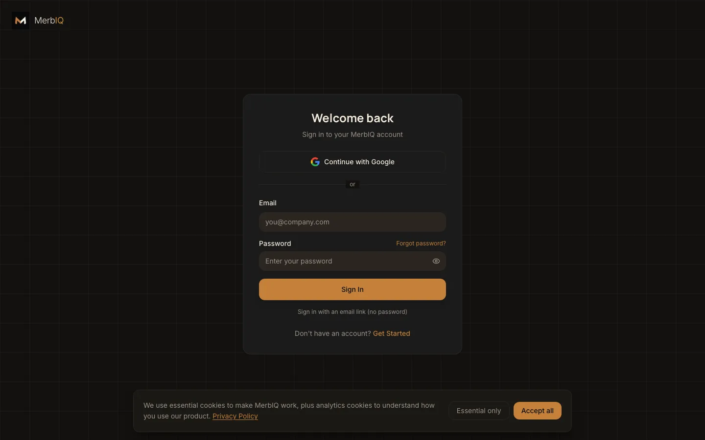 Real login screen for the MerbIQ account, in your language
