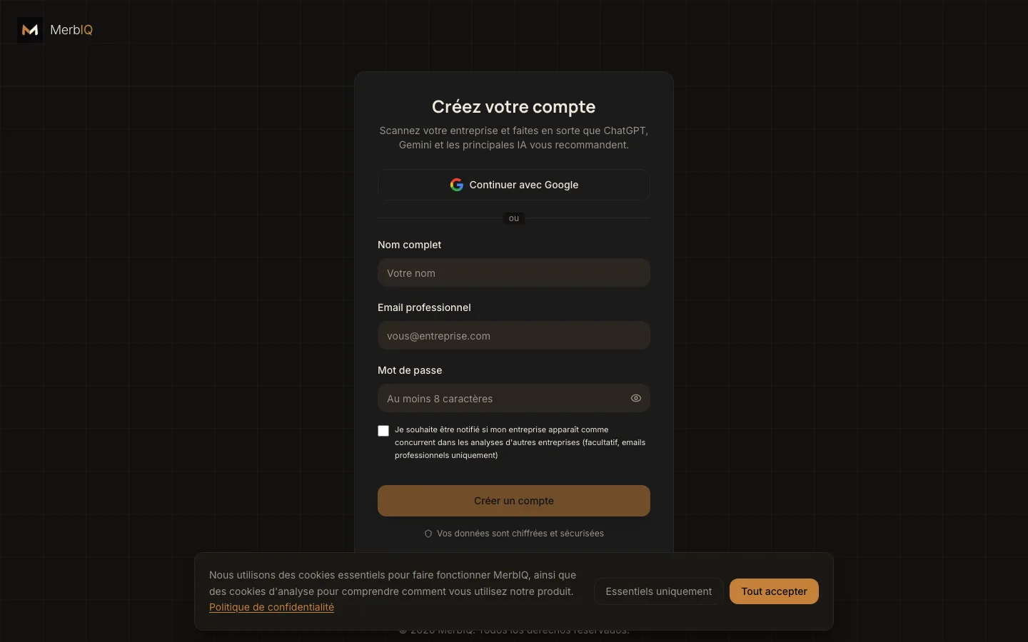 Écran réel de création de compte sur MerbIQ, dans votre langue