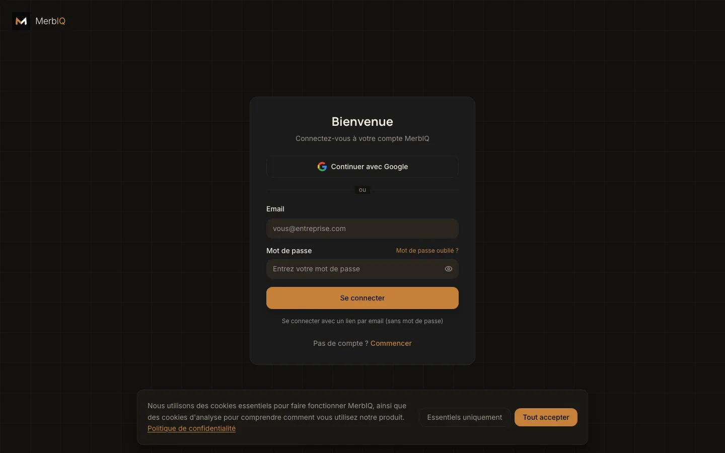 Écran réel de connexion au compte MerbIQ, dans votre langue