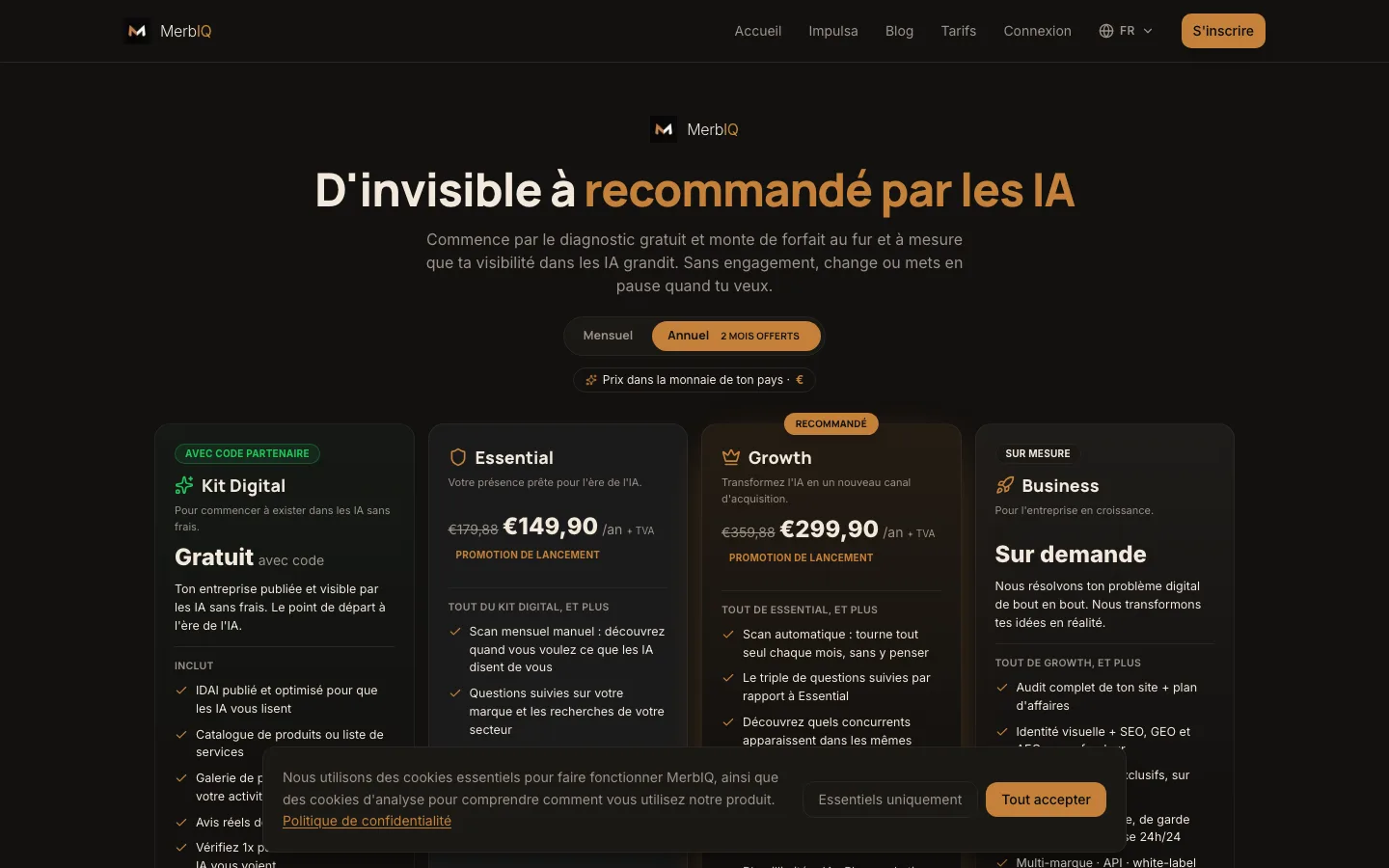Les offres de MerbIQ : Kit Digital, Essential, Growth et Business