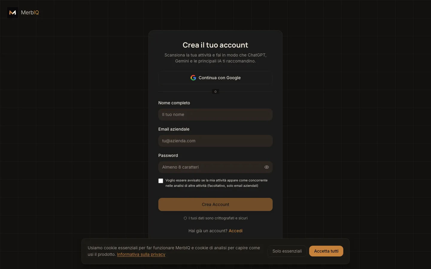 Schermata reale di creazione account su MerbIQ, nella tua lingua