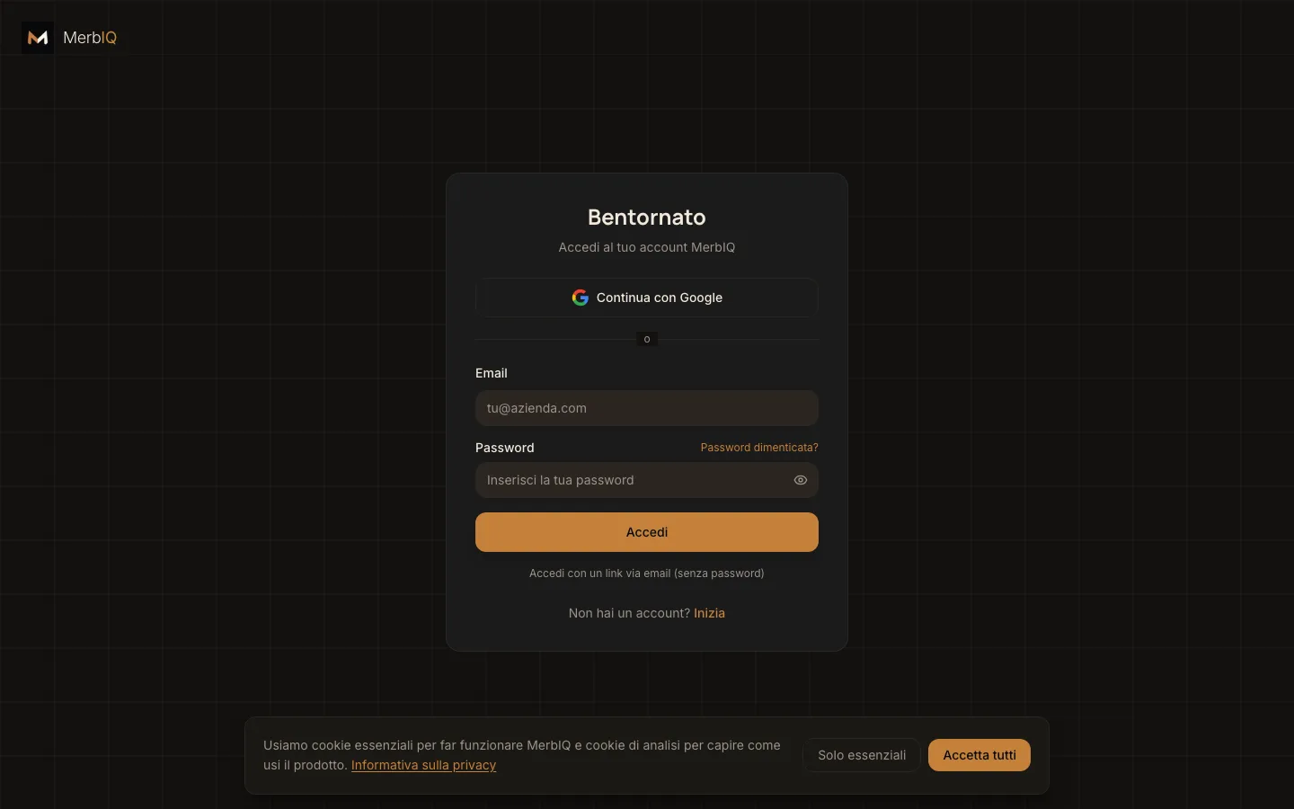 Schermata reale di accesso all’account MerbIQ, nella tua lingua