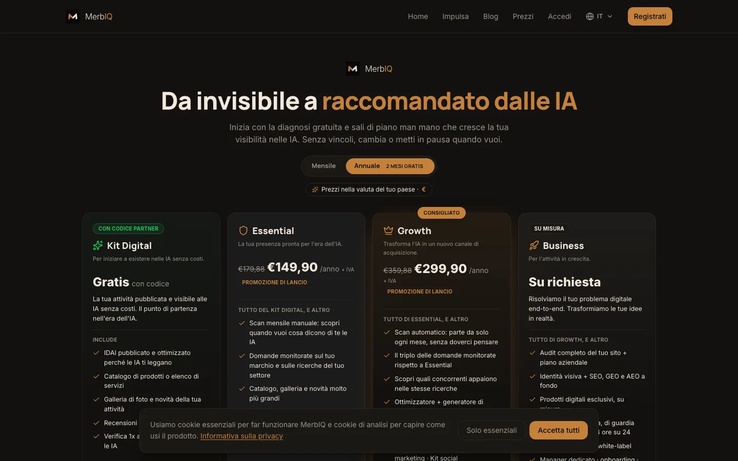 I piani di MerbIQ: Kit Digital, Essential, Growth e Business