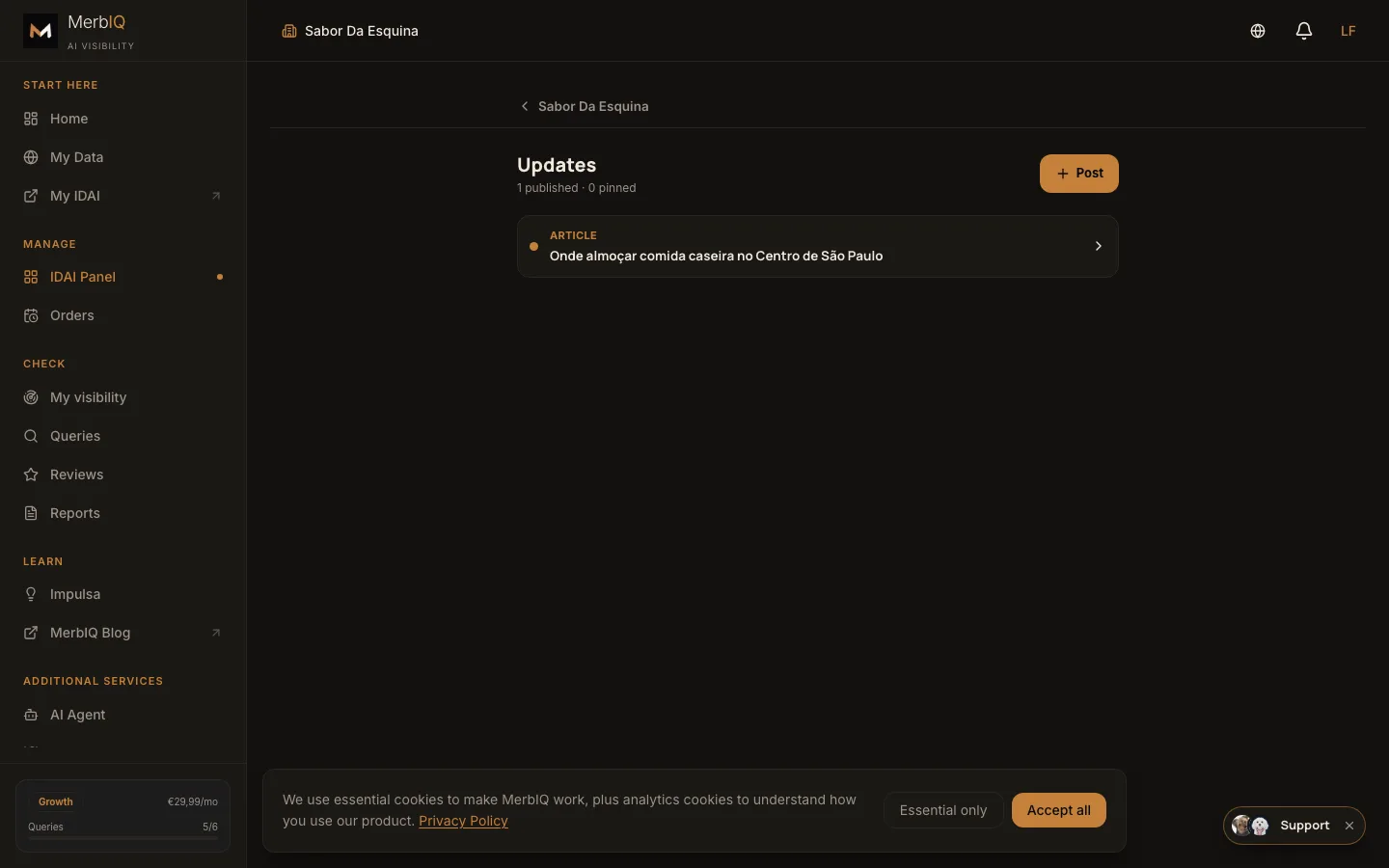 Content manager in the panel: Post button and a published article