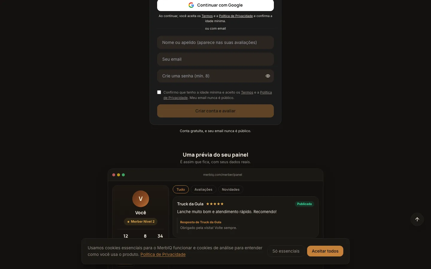 Real preview of the Merber dashboard: level, reviews and business reply