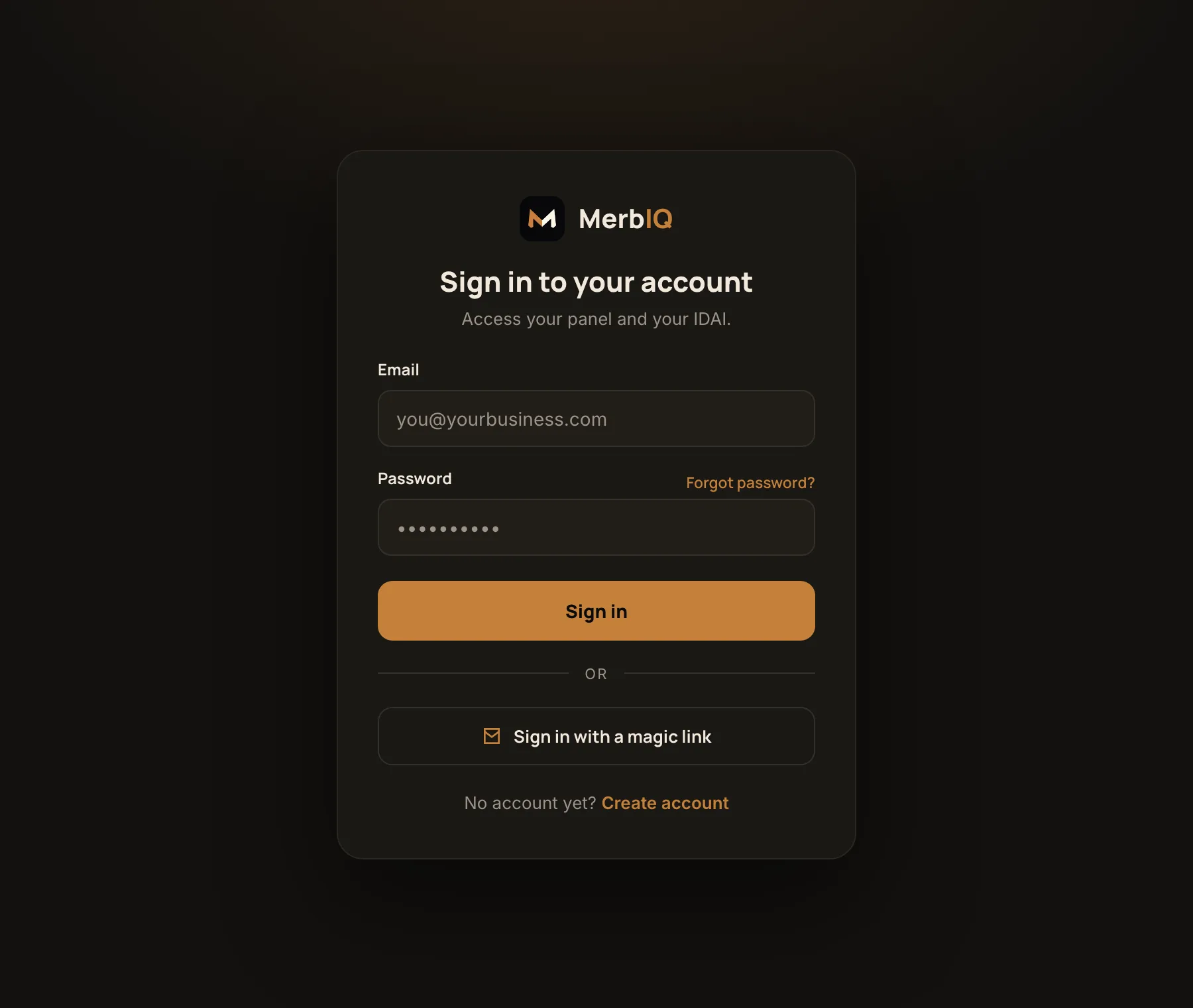 MerbIQ sign-in screen: email, password, magic link and create account