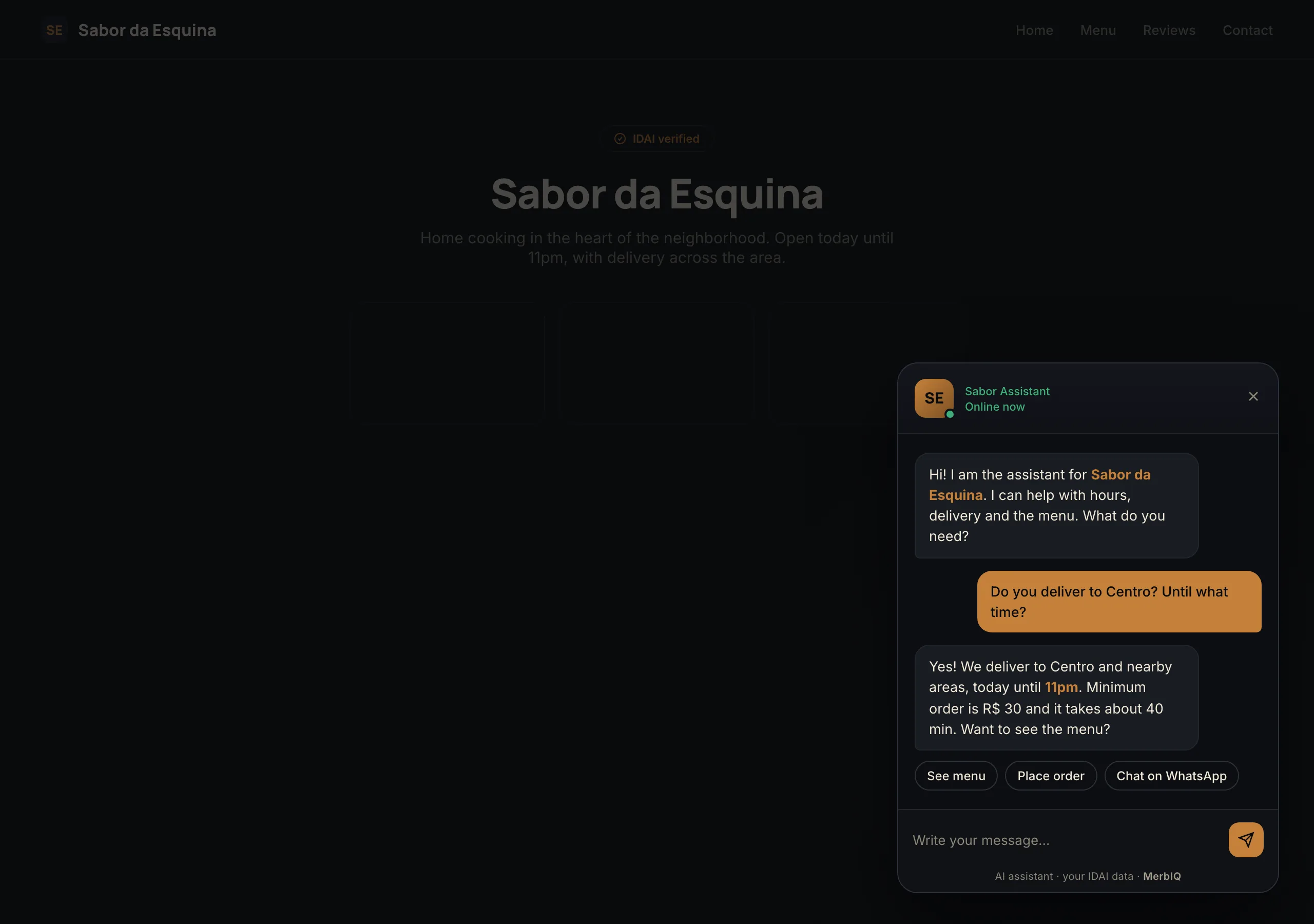 IDAI Agent: chat bubble on the page answering about delivery and hours with shortcut buttons