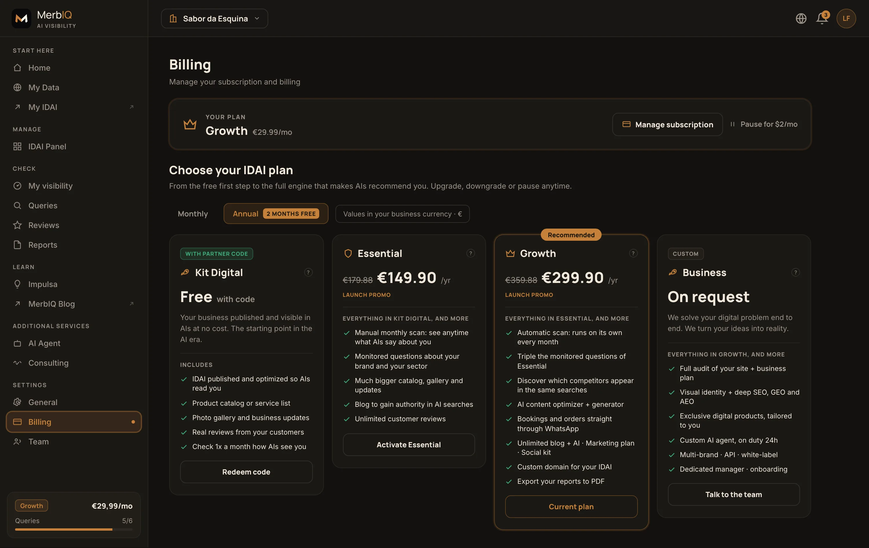 Billing screen: YOUR PLAN card (manage subscription, pause) and the plan table Kit Digital, Essential, Growth and Business