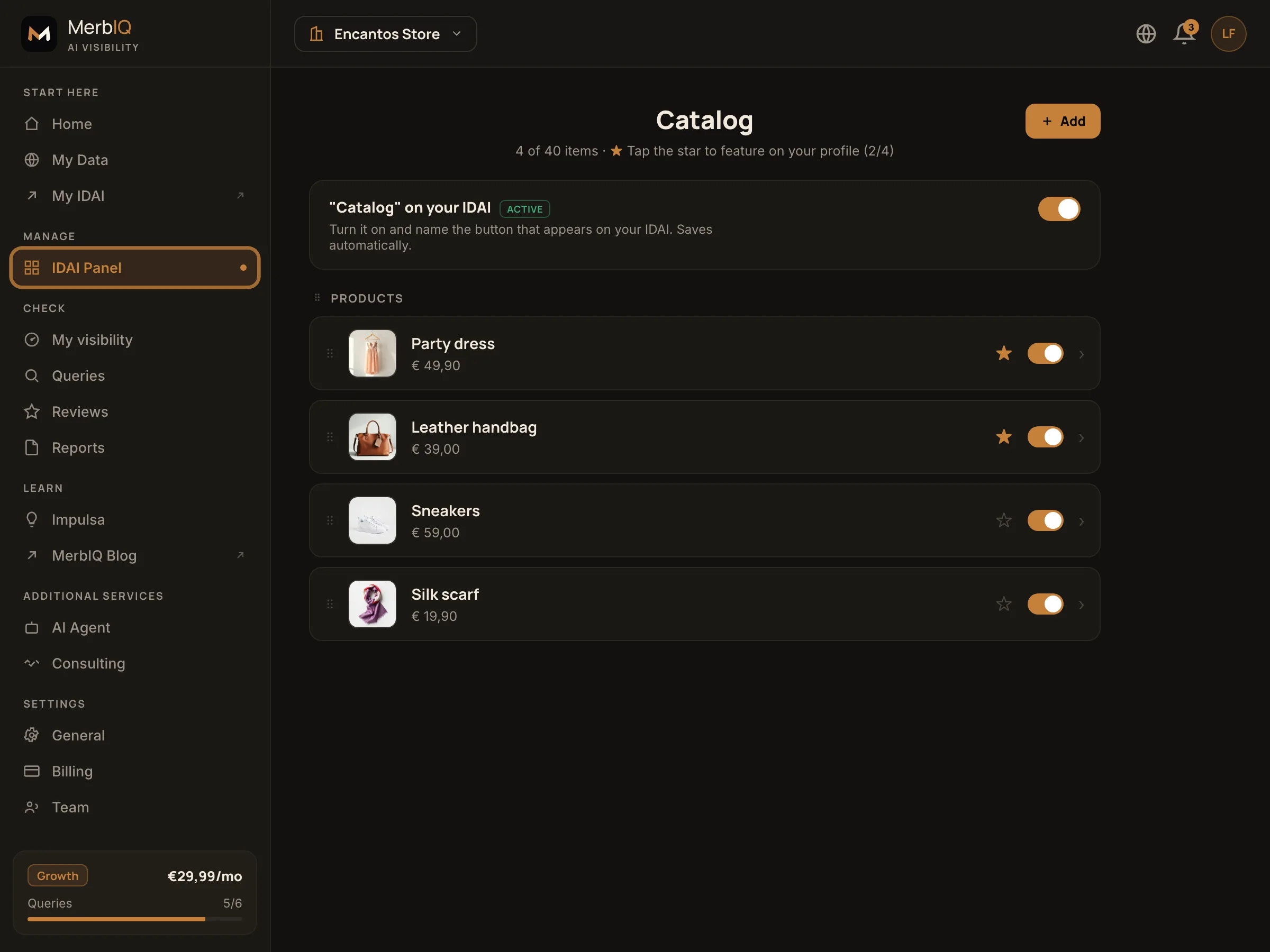 The catalogue in the dashboard: products organised by lines and categories