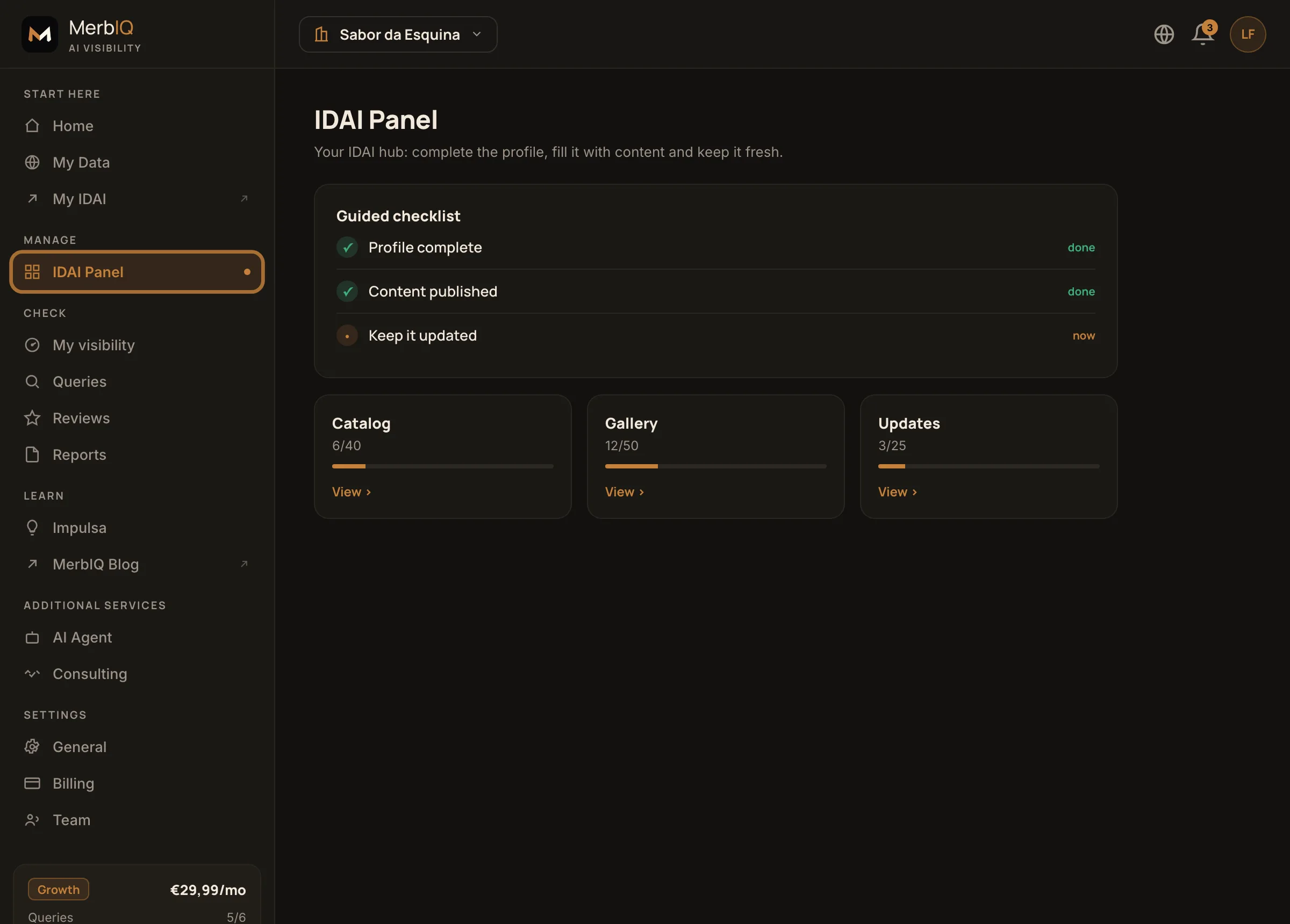 MerbIQ IDAI Panel, with guided checklist, catalog, gallery and updates.