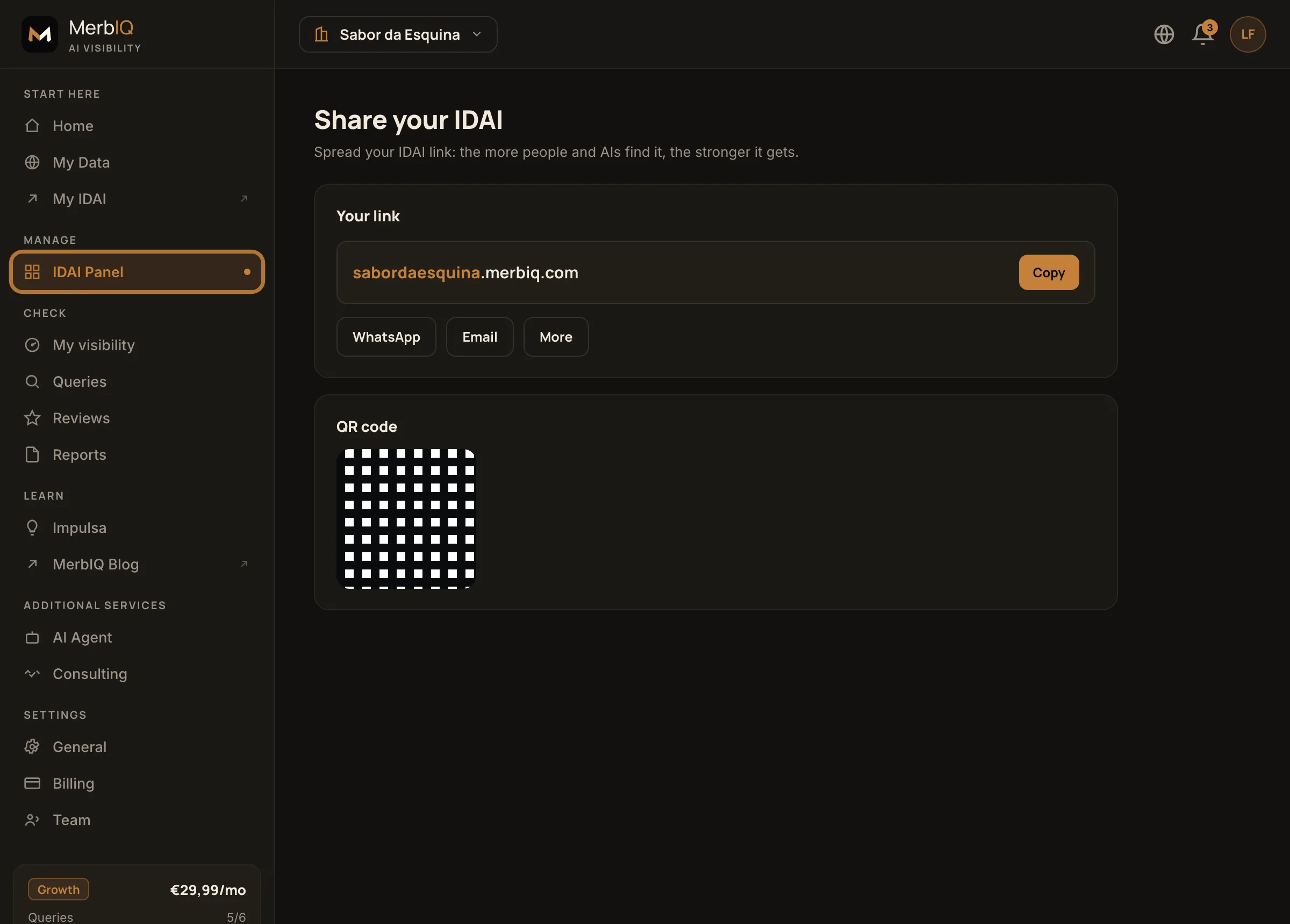 Share screen: IDAI link, share buttons and QR code