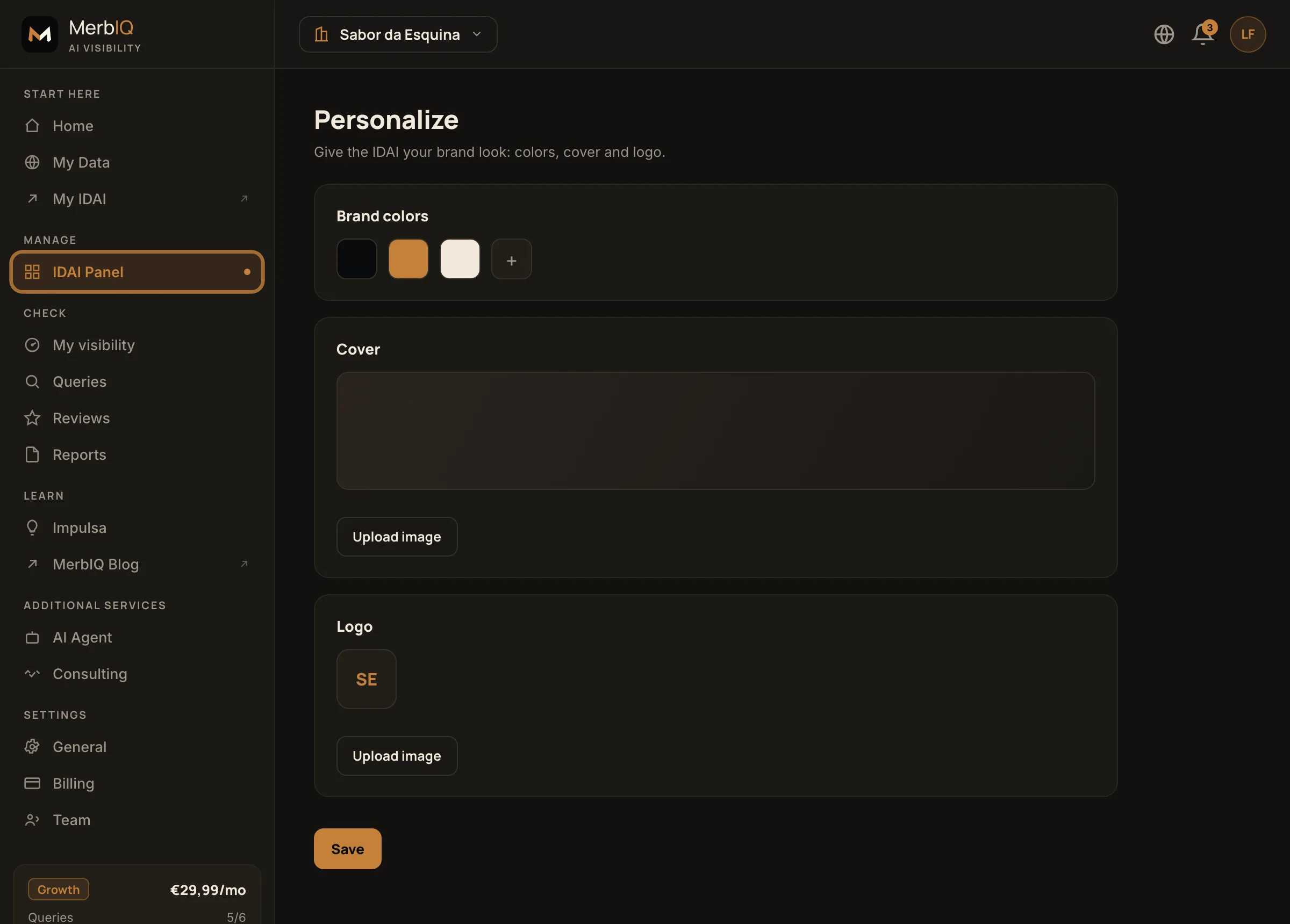 Personalize screen: brand colors, cover and logo