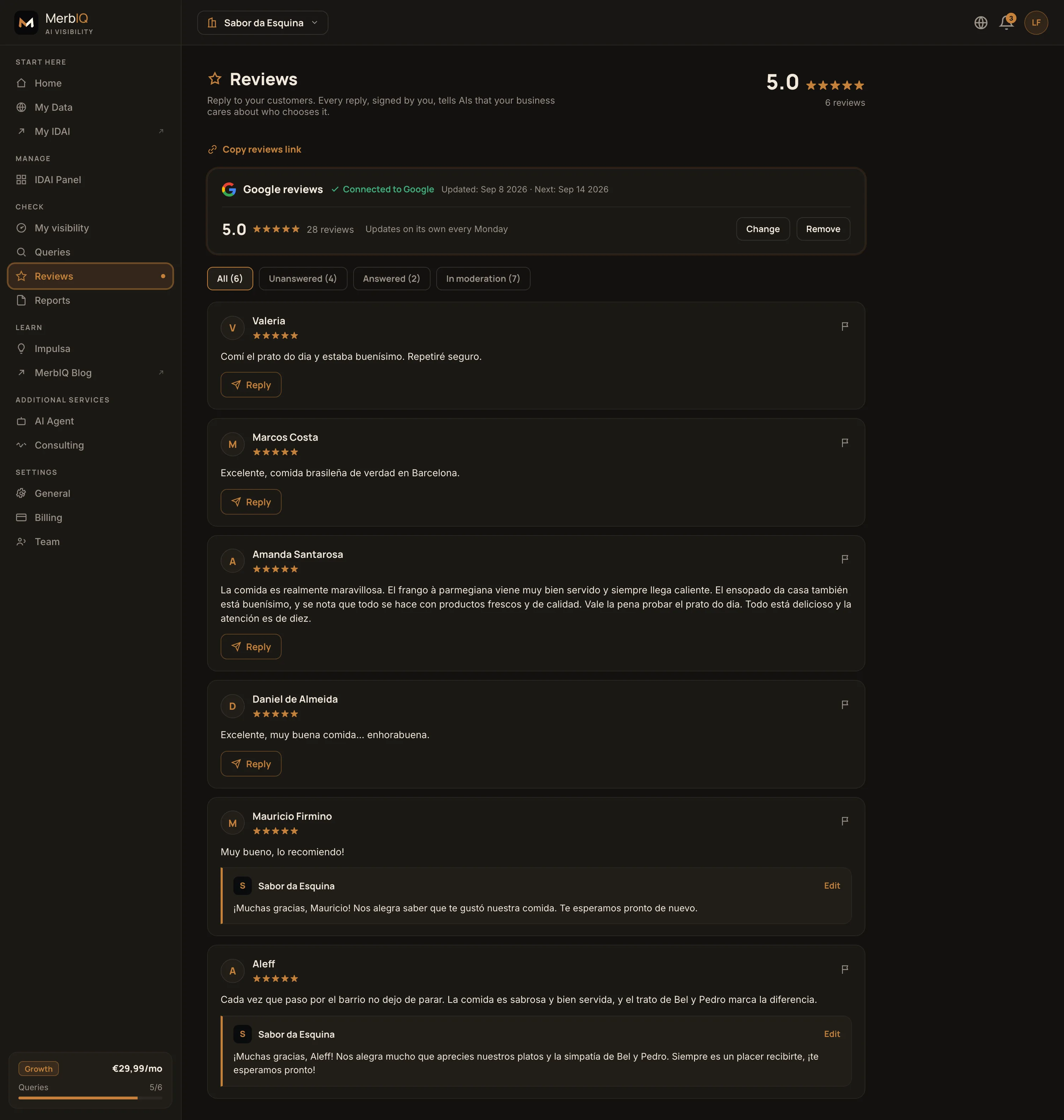 IDAI reviews screen, with overall rating and replies to customers.