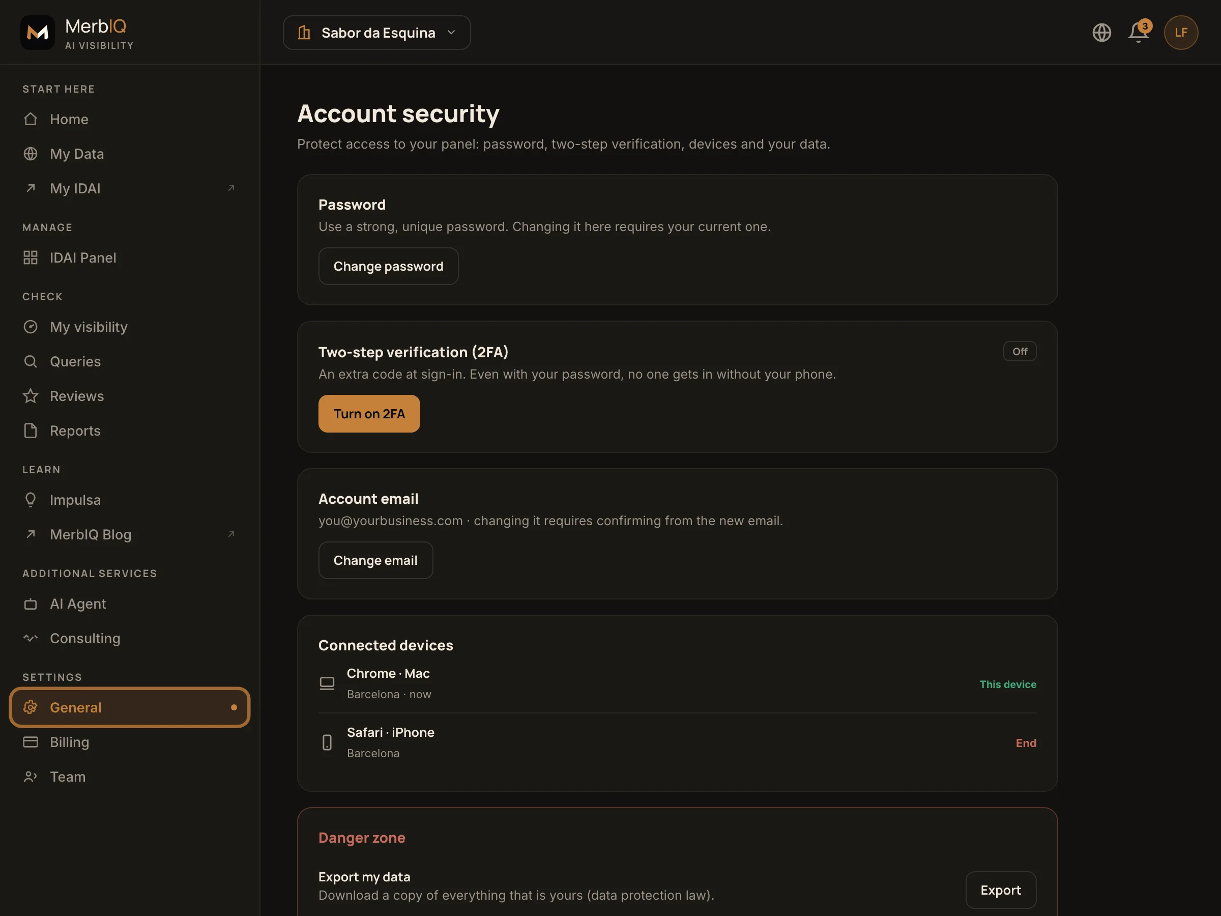 Account Security screen: password, 2FA, devices, email and danger zone