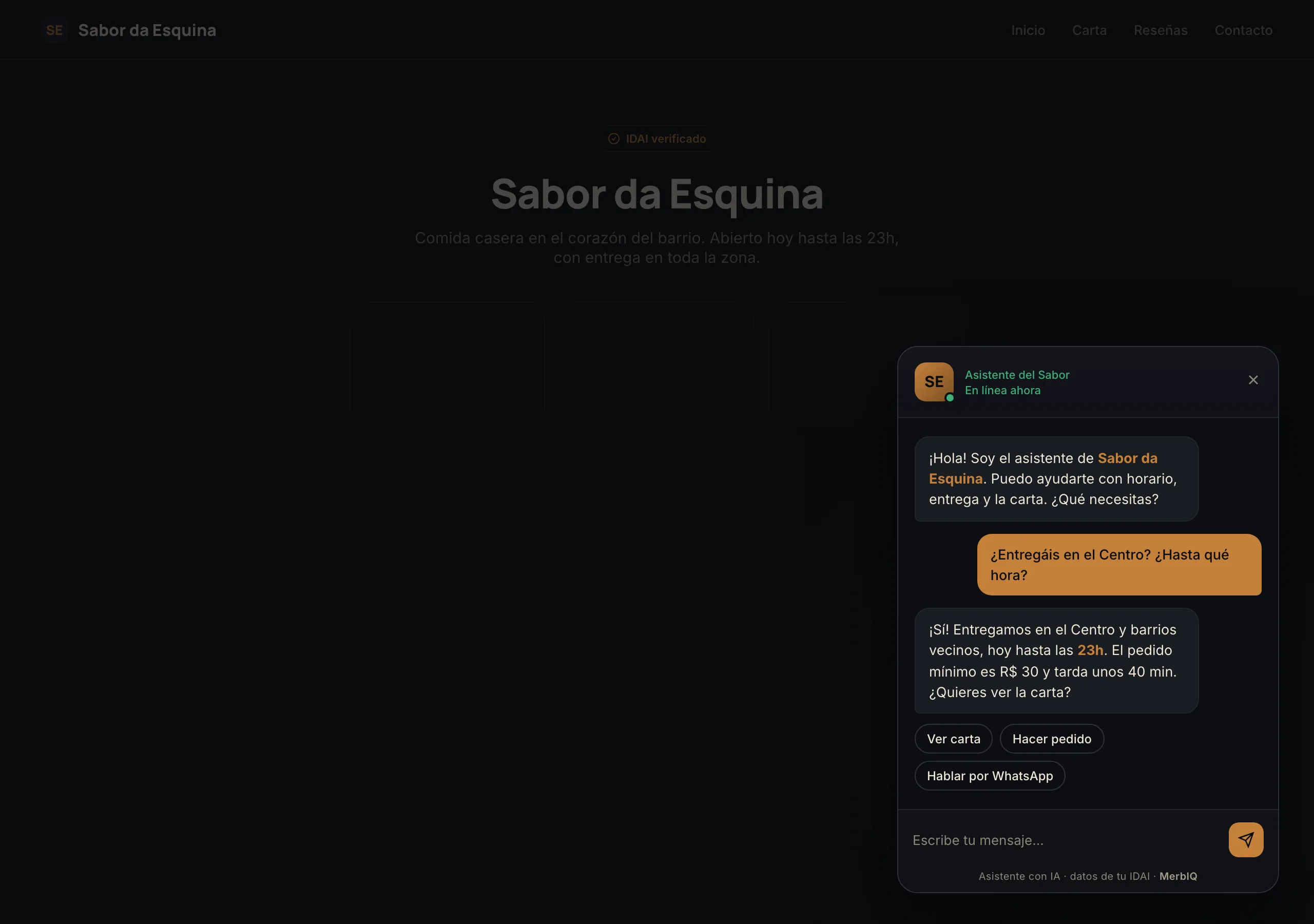 Agente del IDAI: burbuja de chat en la página respondiendo sobre entrega y horario con botones de atajo