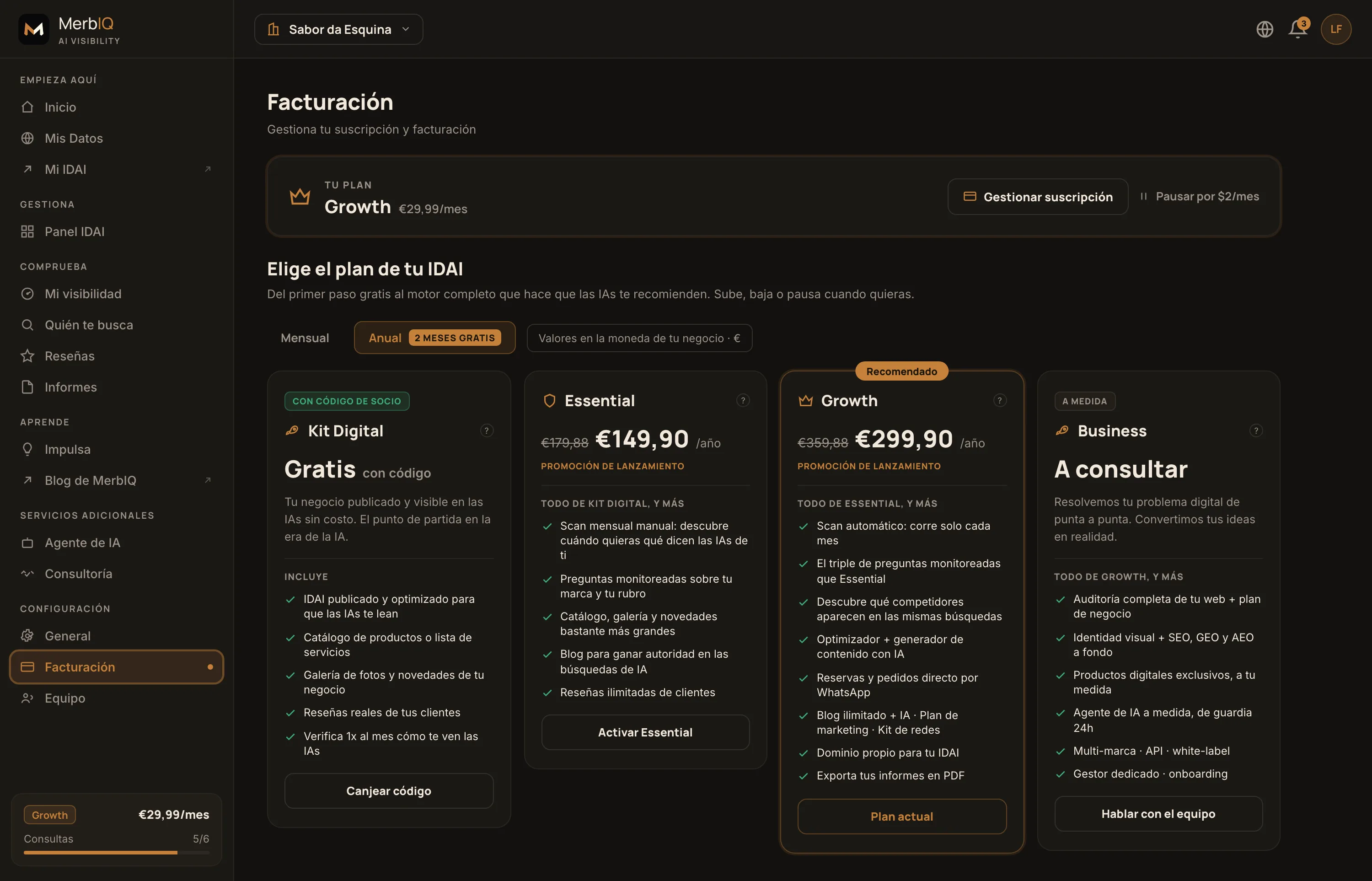 Pantalla Facturación: tarjeta TU PLAN (gestionar suscripción, pausar) y la tabla de planes Kit Digital, Essential, Growth y Business