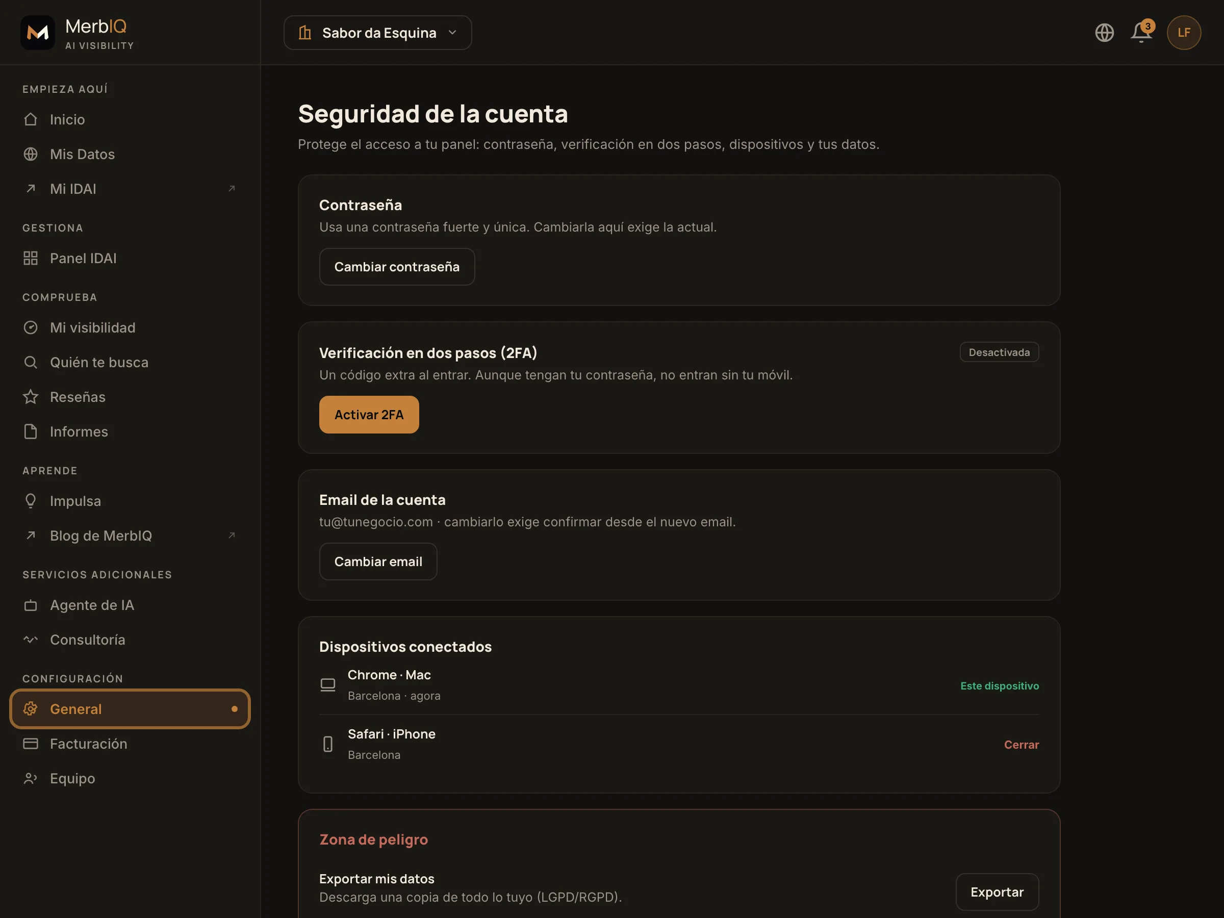 Pantalla de Seguridad de la cuenta: contraseña, 2FA, dispositivos, email y zona de peligro
