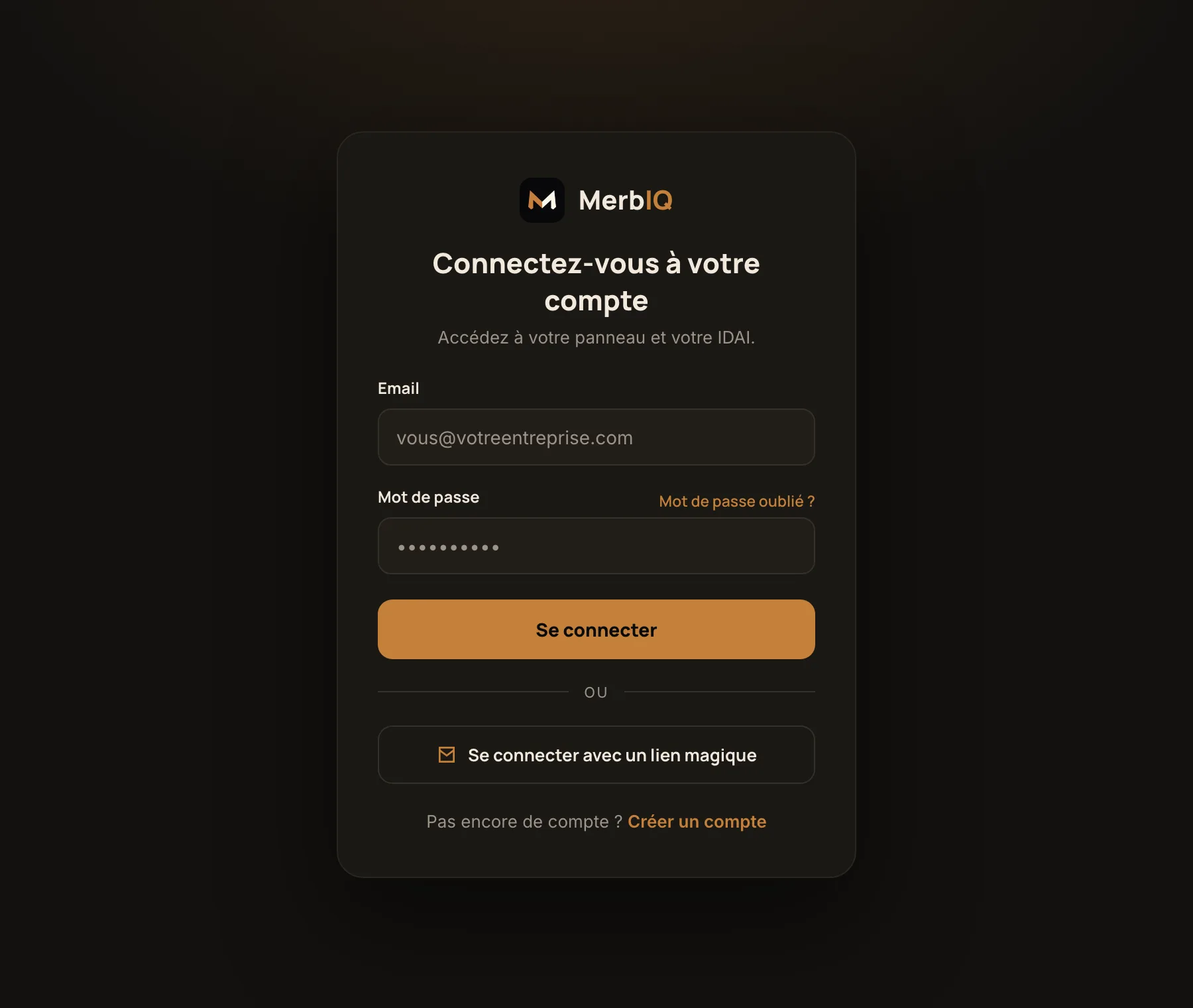 Écran de connexion MerbIQ : email, mot de passe, lien magique et créer un compte