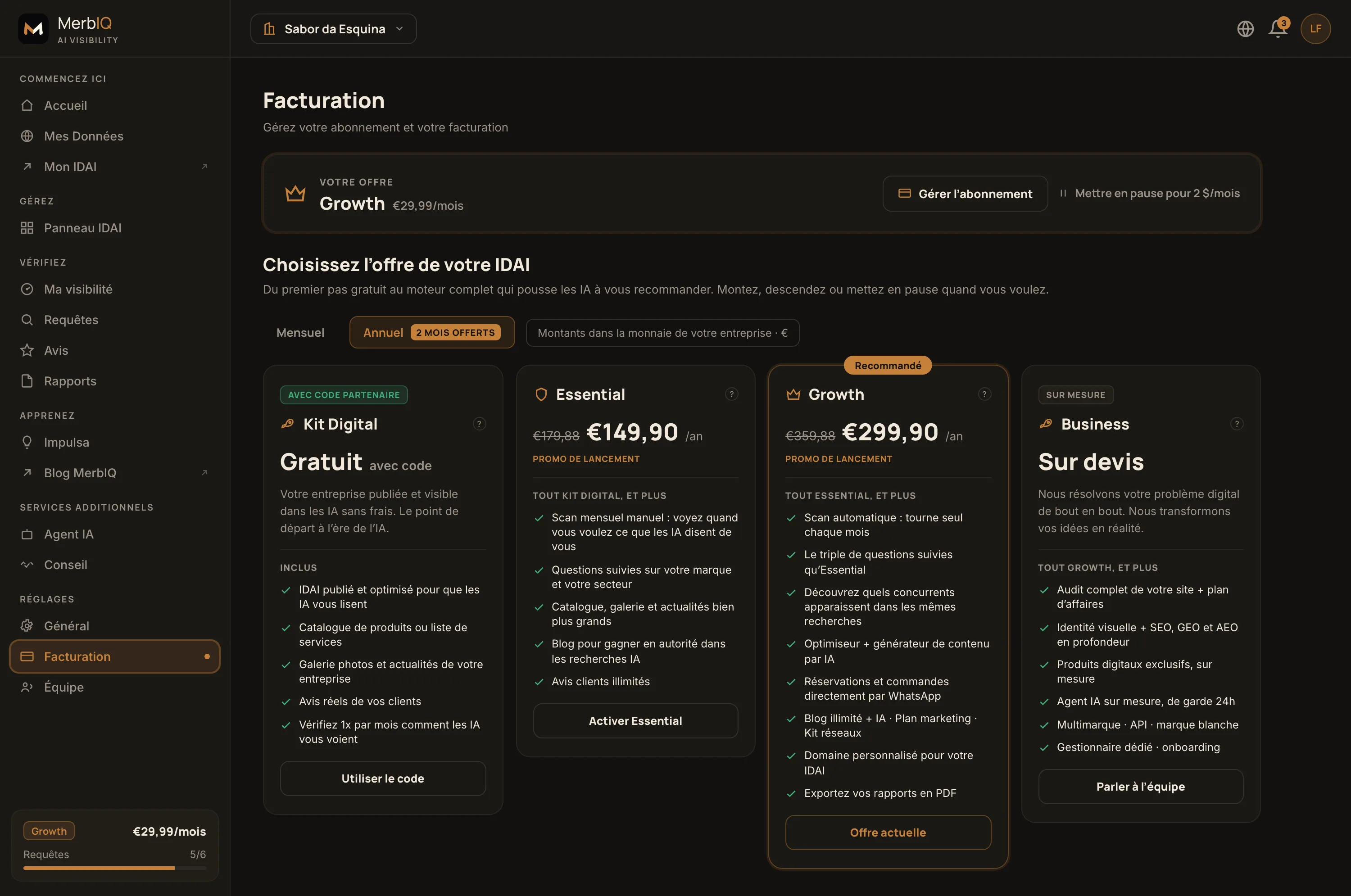 Écran Facturation : carte VOTRE OFFRE (gérer l’abonnement, mettre en pause) et le tableau des offres Kit Digital, Essential, Growth et Business