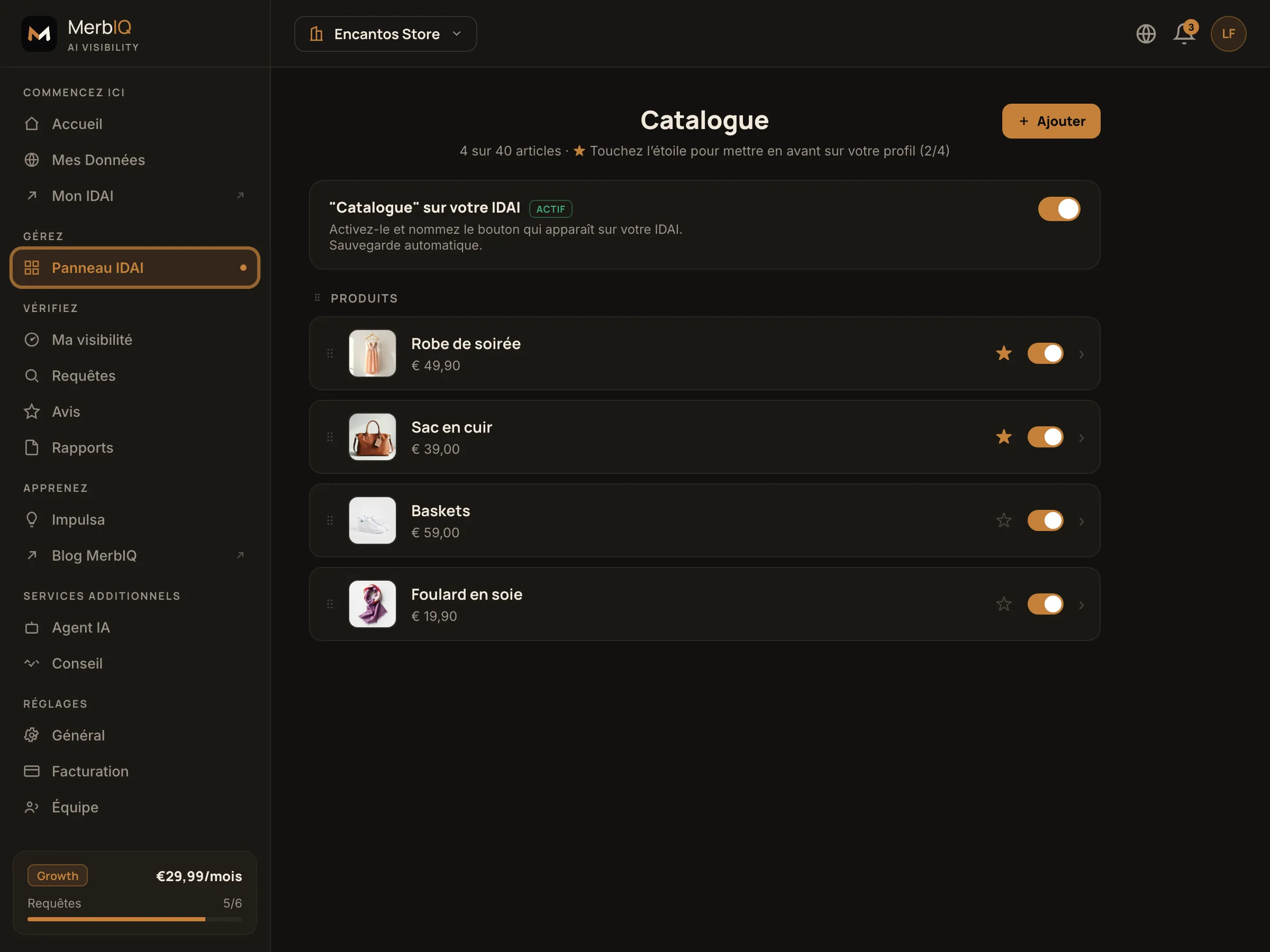 Le catalogue dans le tableau de bord : produits organisés par lignes et catégories