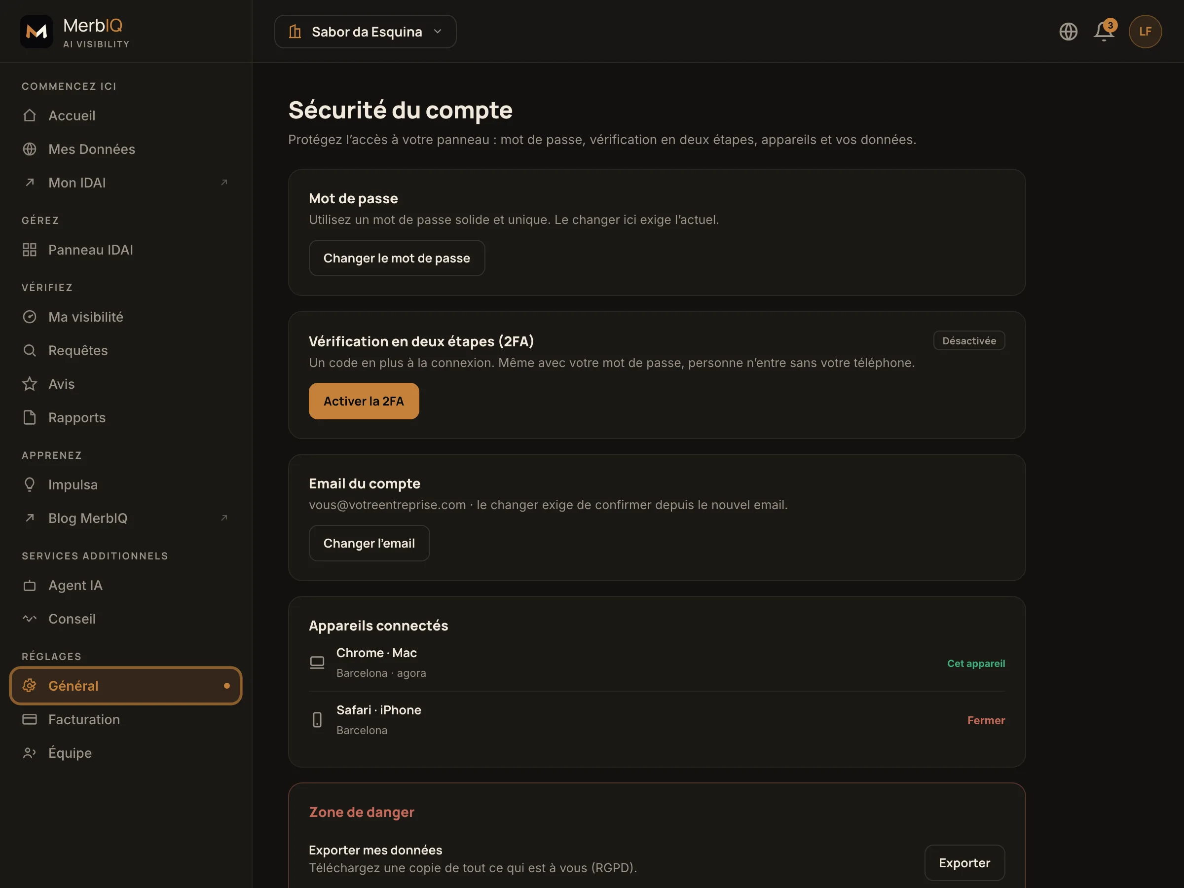 Écran Sécurité du compte : mot de passe, 2FA, appareils, email et zone de danger