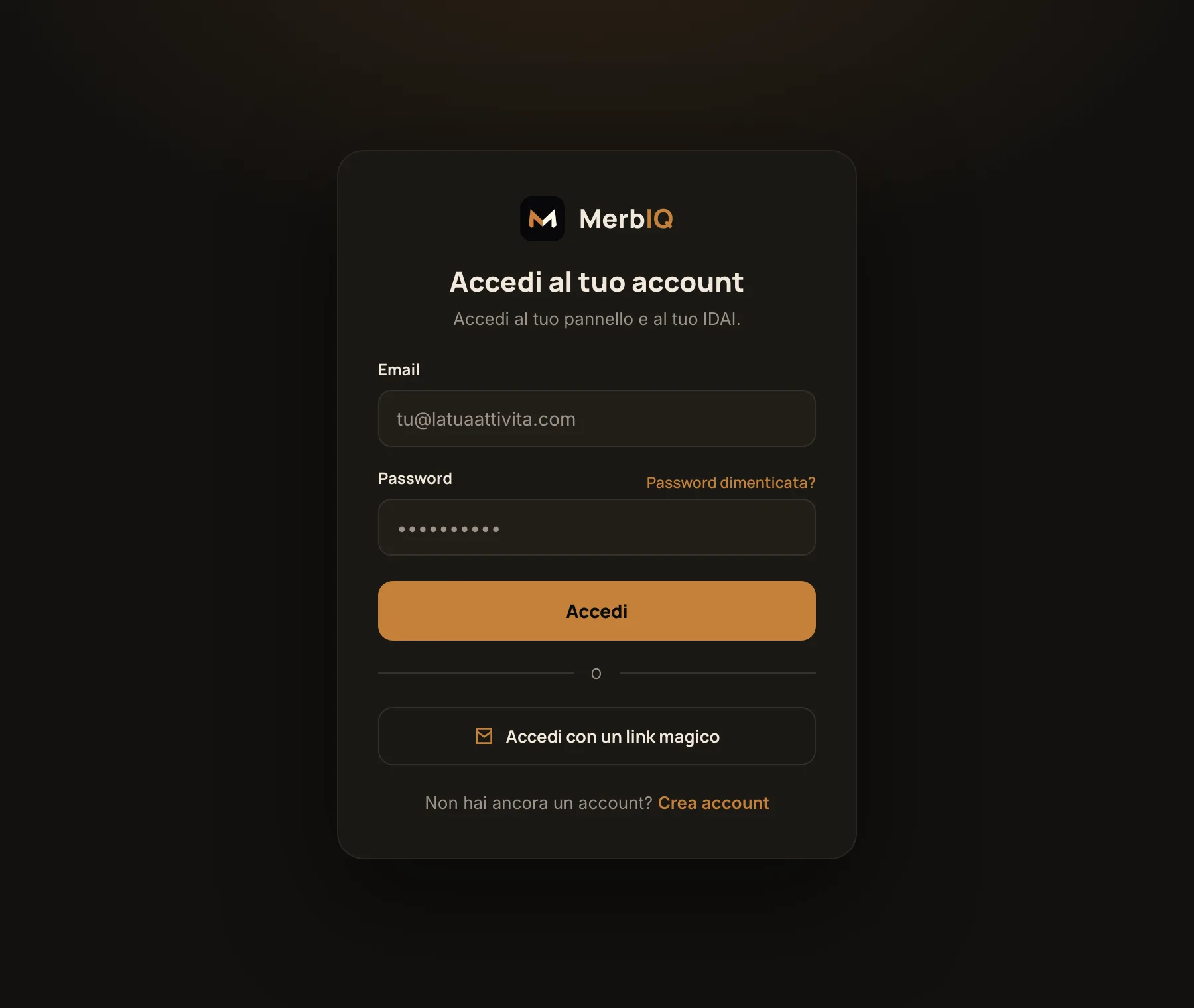 Schermata di accesso MerbIQ: email, password, link magico e crea account
