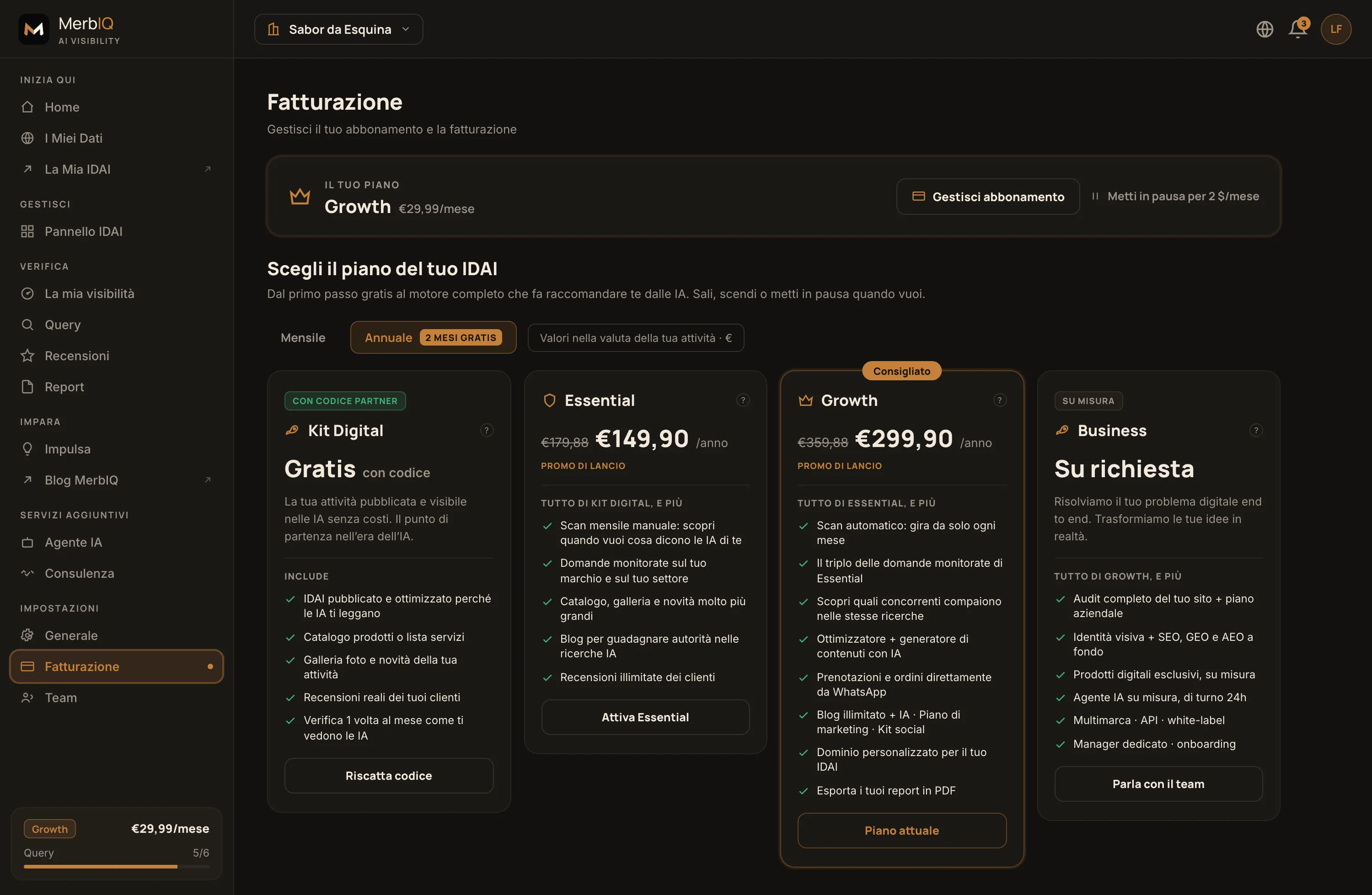 Schermata Fatturazione: scheda IL TUO PIANO (gestisci abbonamento, metti in pausa) e la tabella dei piani Kit Digital, Essential, Growth e Business