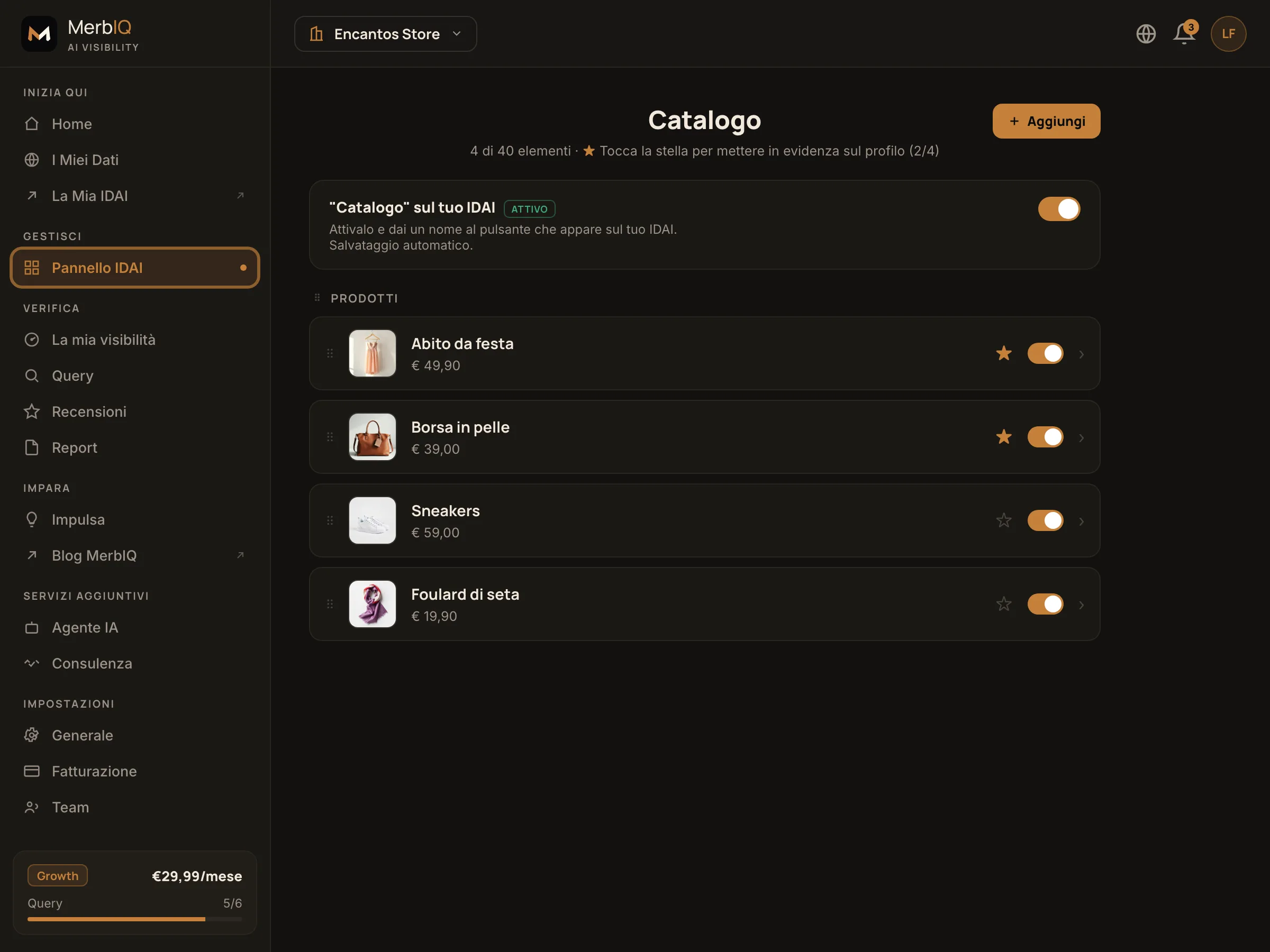 Il catalogo nel pannello: prodotti organizzati per linee e categorie