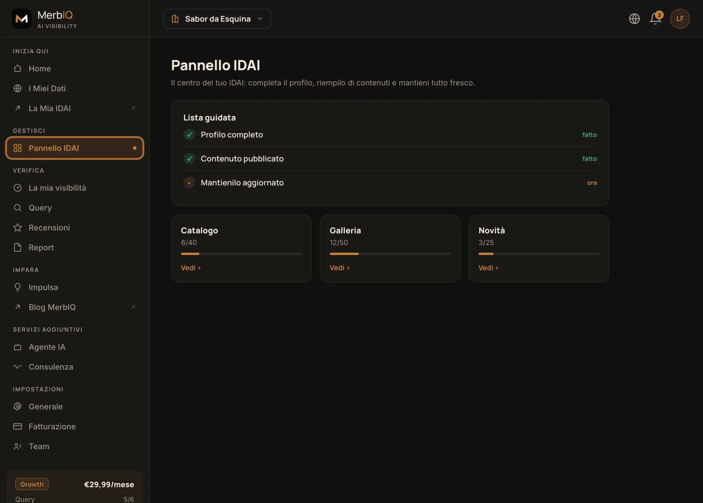 Pannello IDAI di MerbIQ, con lista guidata, catalogo, galleria e novità.