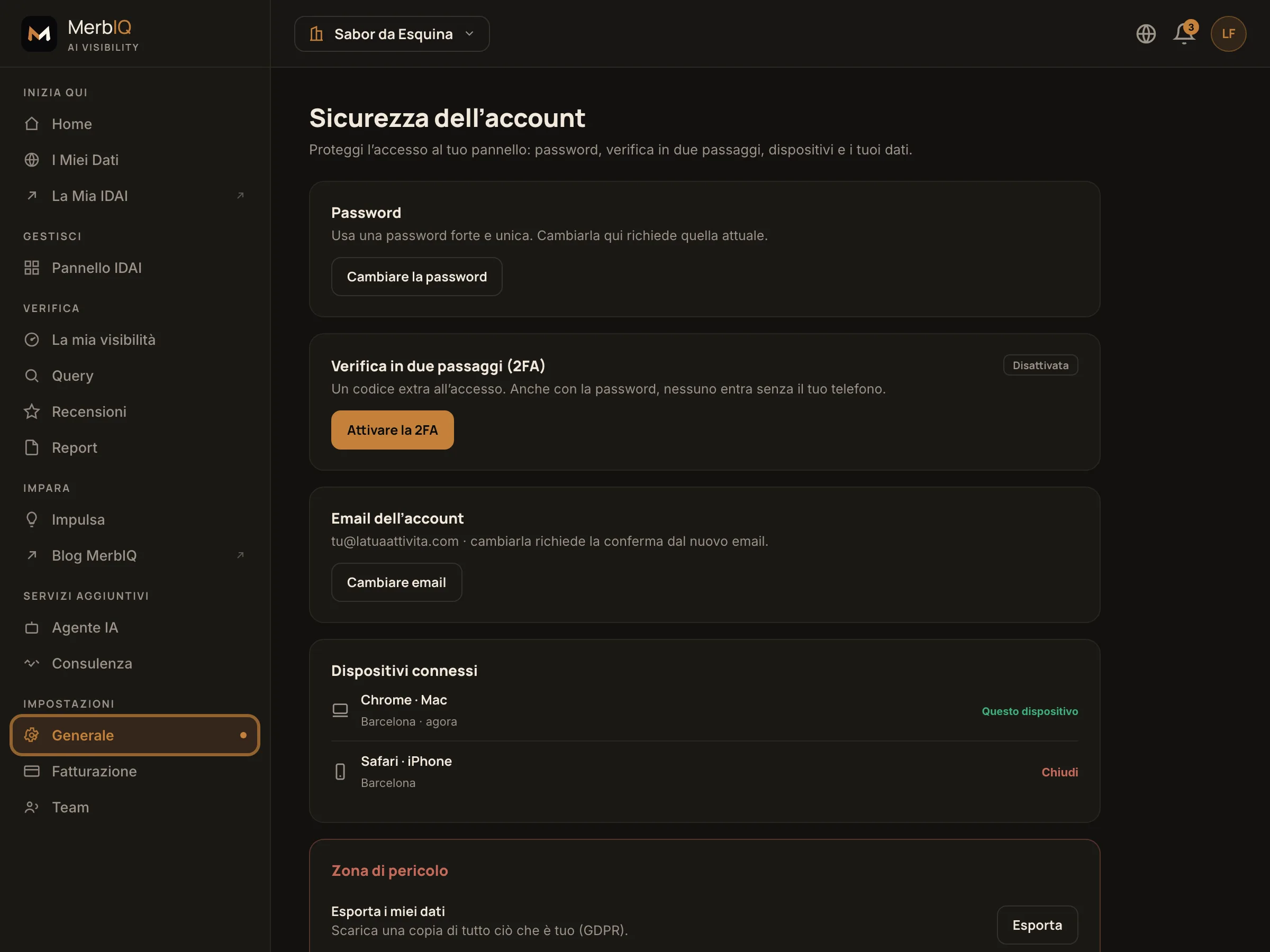 Schermata Sicurezza dell’account: password, 2FA, dispositivi, email e zona di pericolo