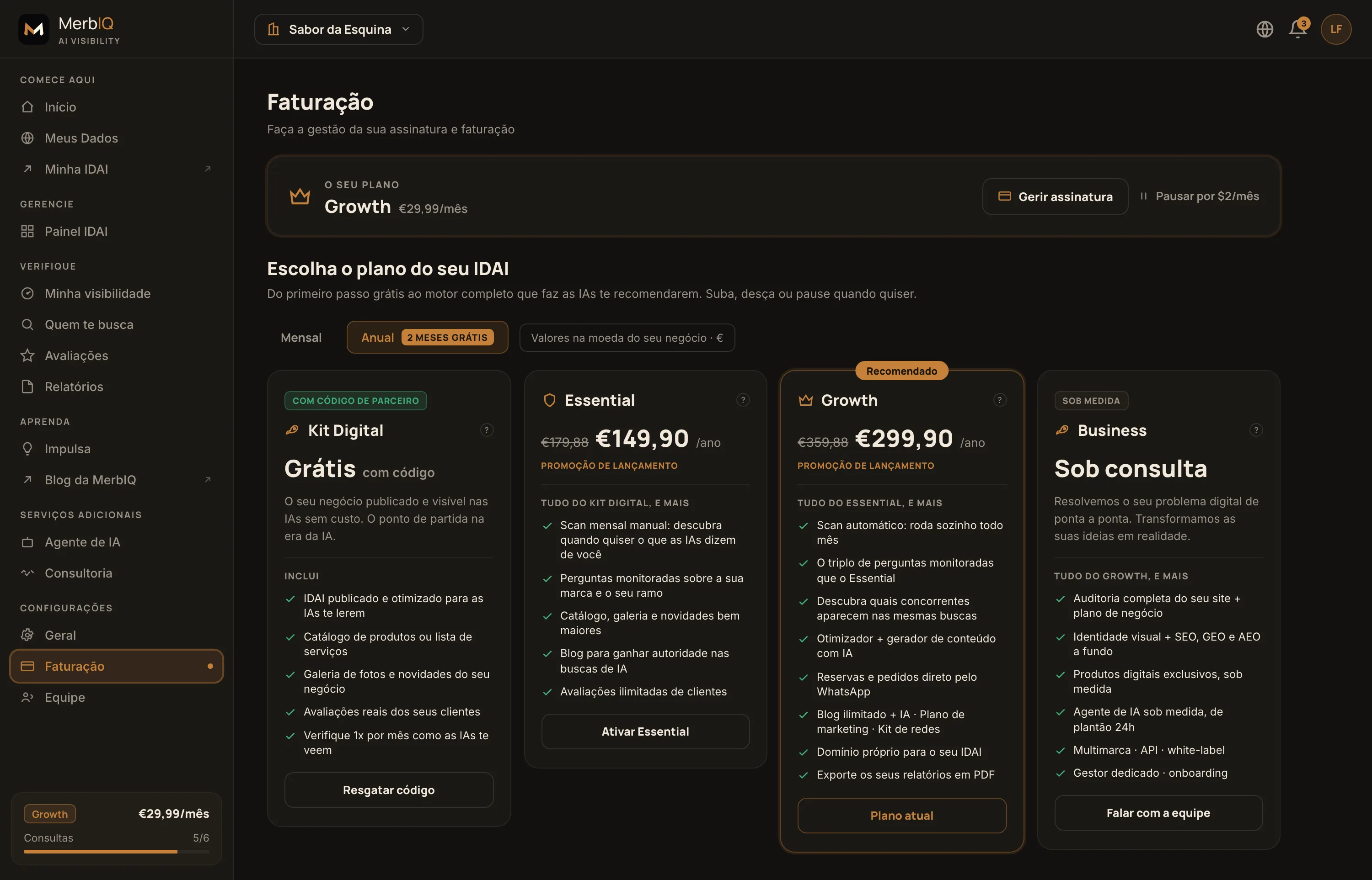 Tela Faturação: cartão O SEU PLANO (gerir assinatura, pausar) e a tabela de planos Kit Digital, Essential, Growth e Business