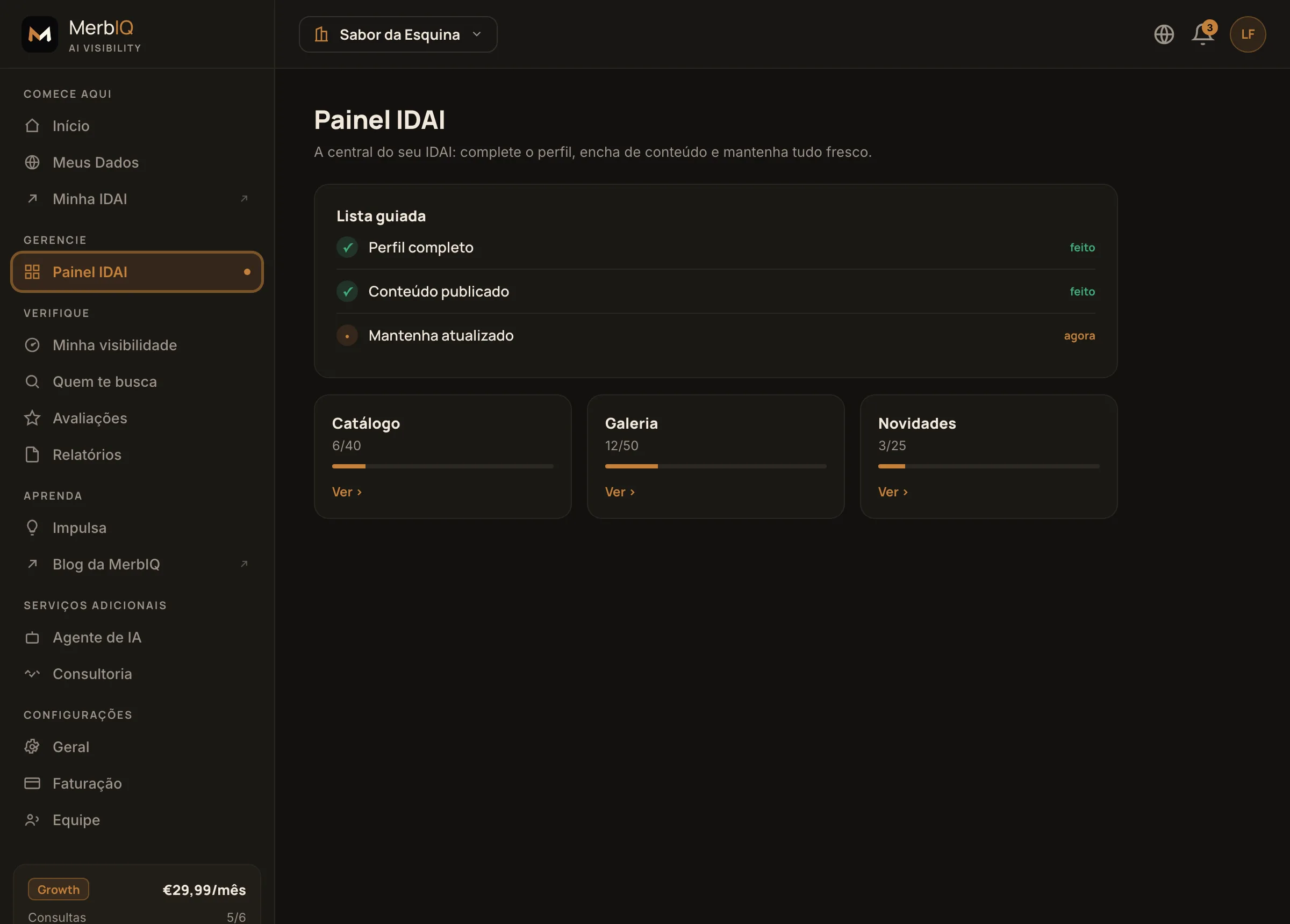 Painel IDAI da MerbIQ, com lista guiada, catálogo, galeria e novidades.