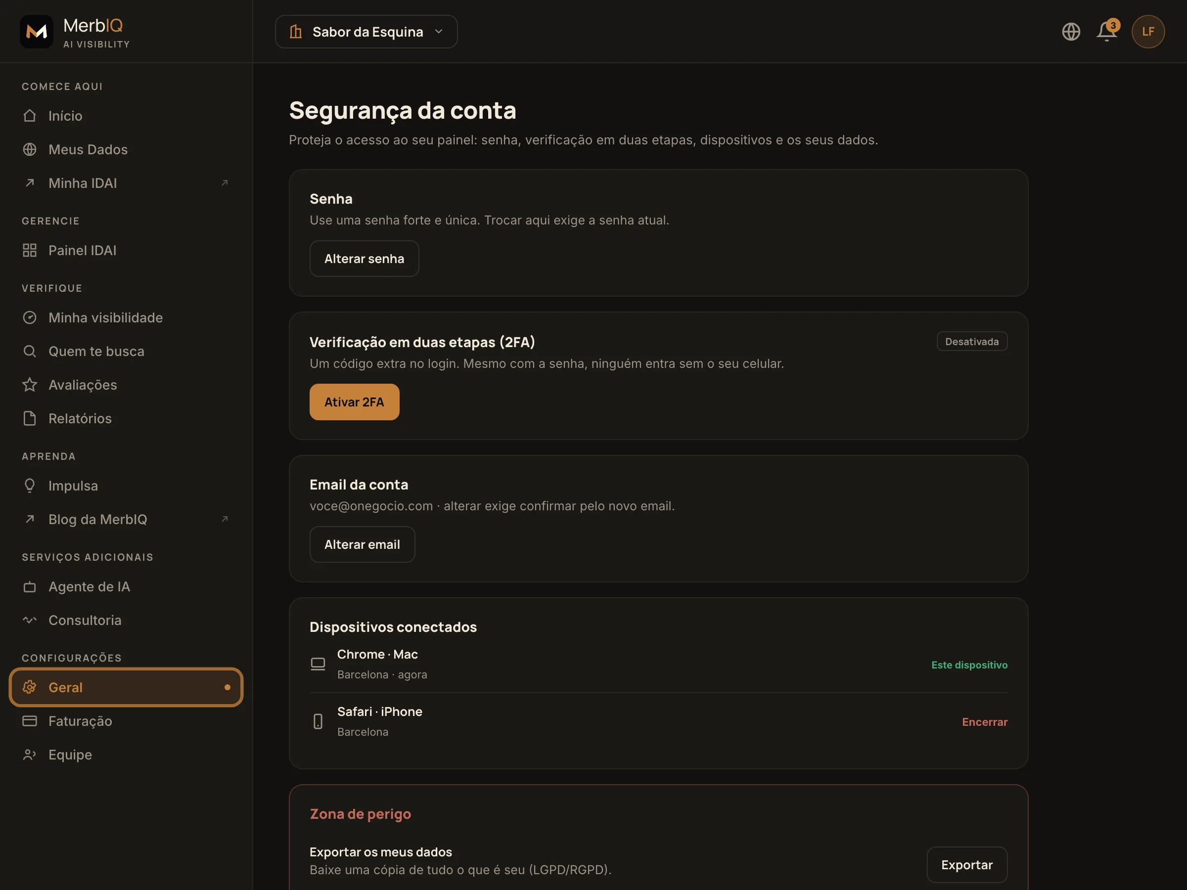 Tela de Segurança da conta: senha, 2FA, dispositivos, email e zona de perigo