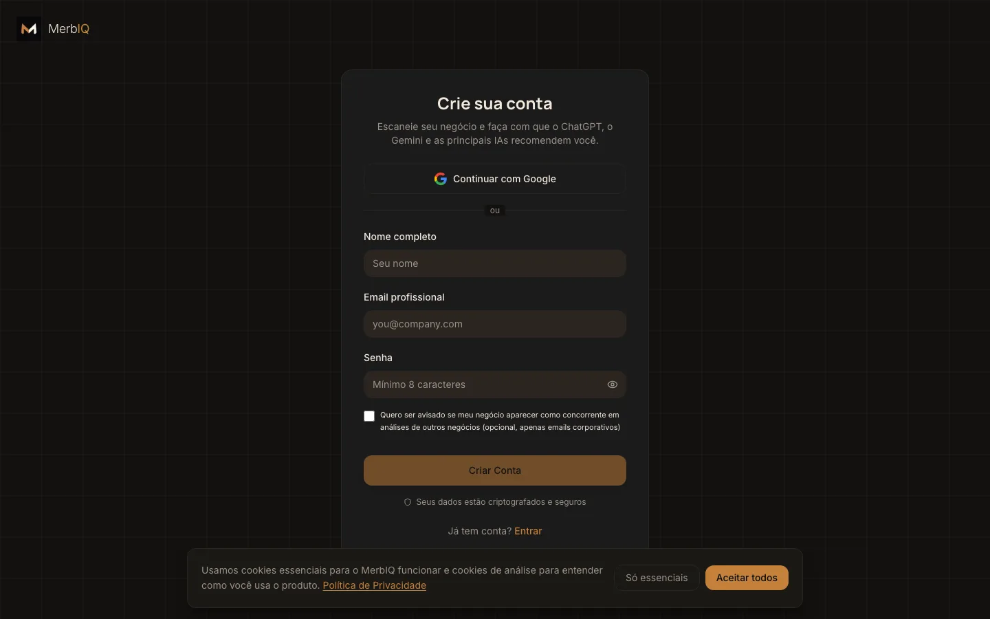Tela real de criar conta na MerbIQ, no seu idioma