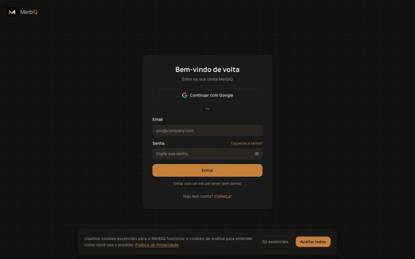 Tela real de entrar na conta MerbIQ, no seu idioma