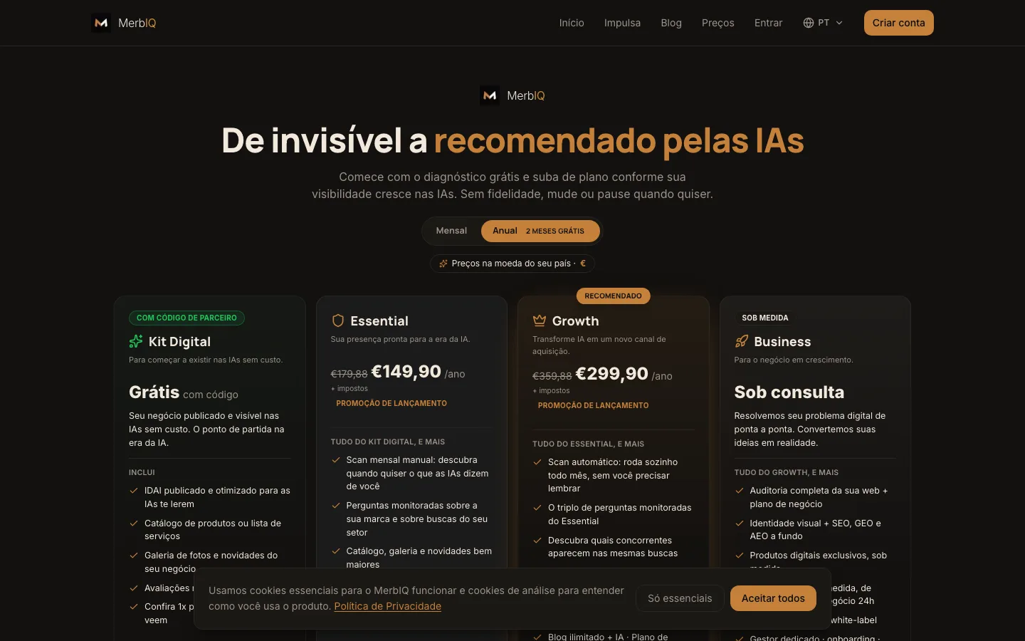 Os planos da MerbIQ: Kit Digital, Essential, Growth e Business